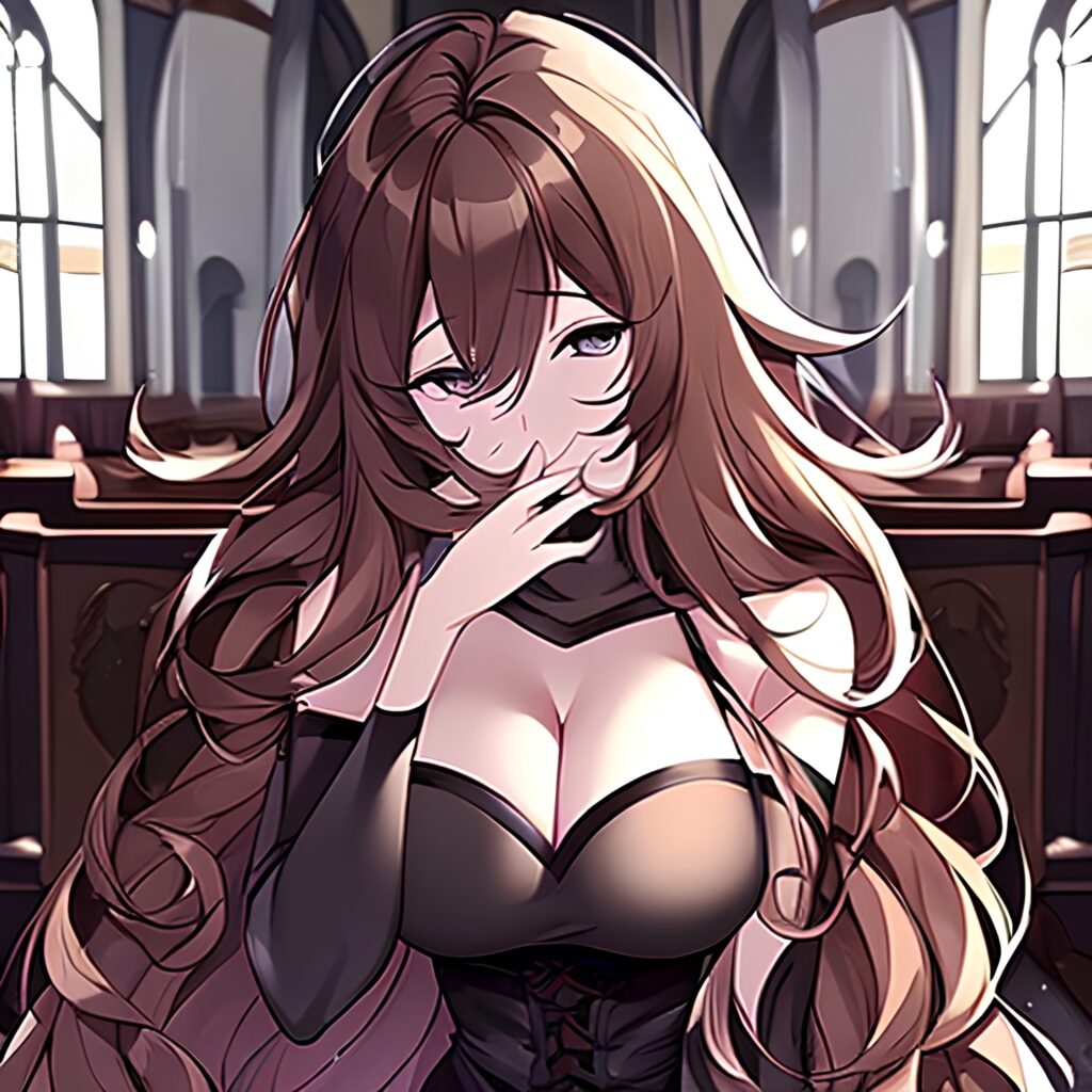 fishnet church woman messy hair long hair brunette 