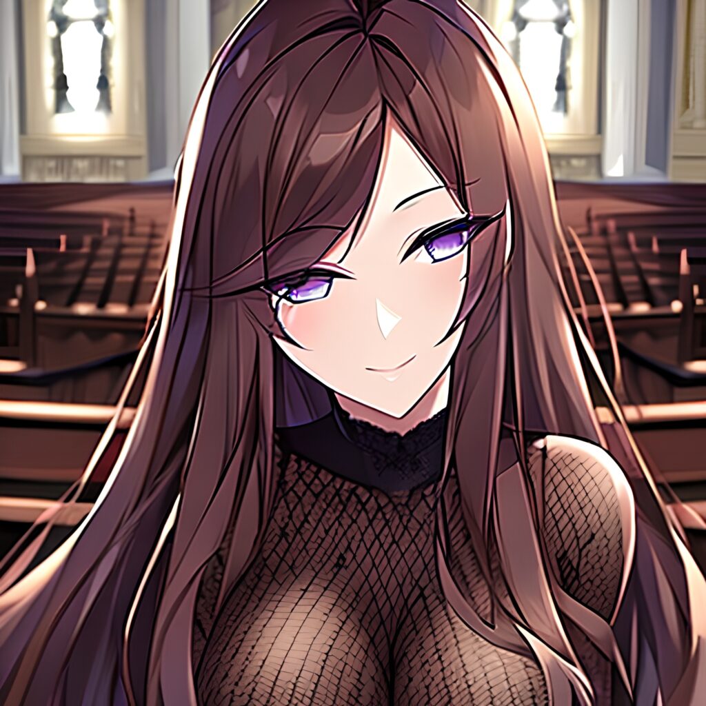 fishnet long hair brunette church messy hair woman