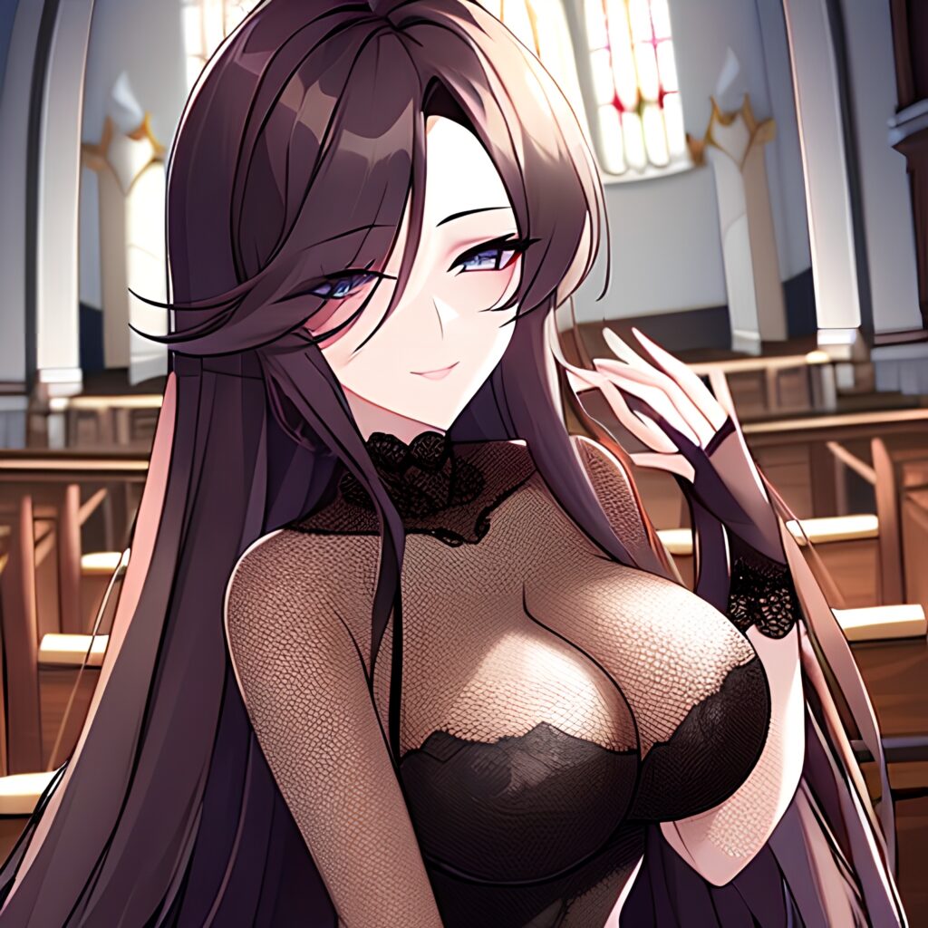 fishnet long hair brunette church messy hair woman 