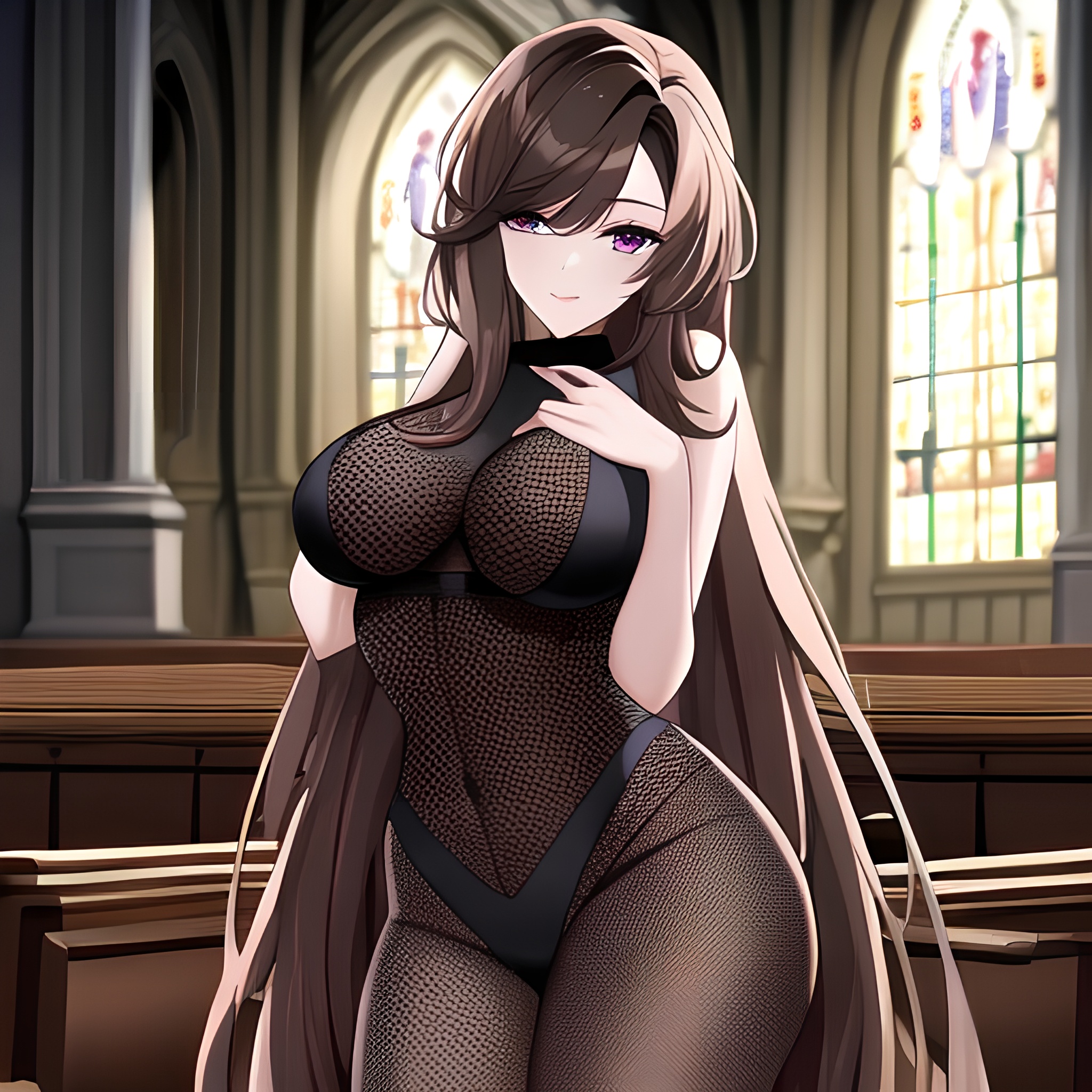 fishnet long hair brunette church woman messy hair 