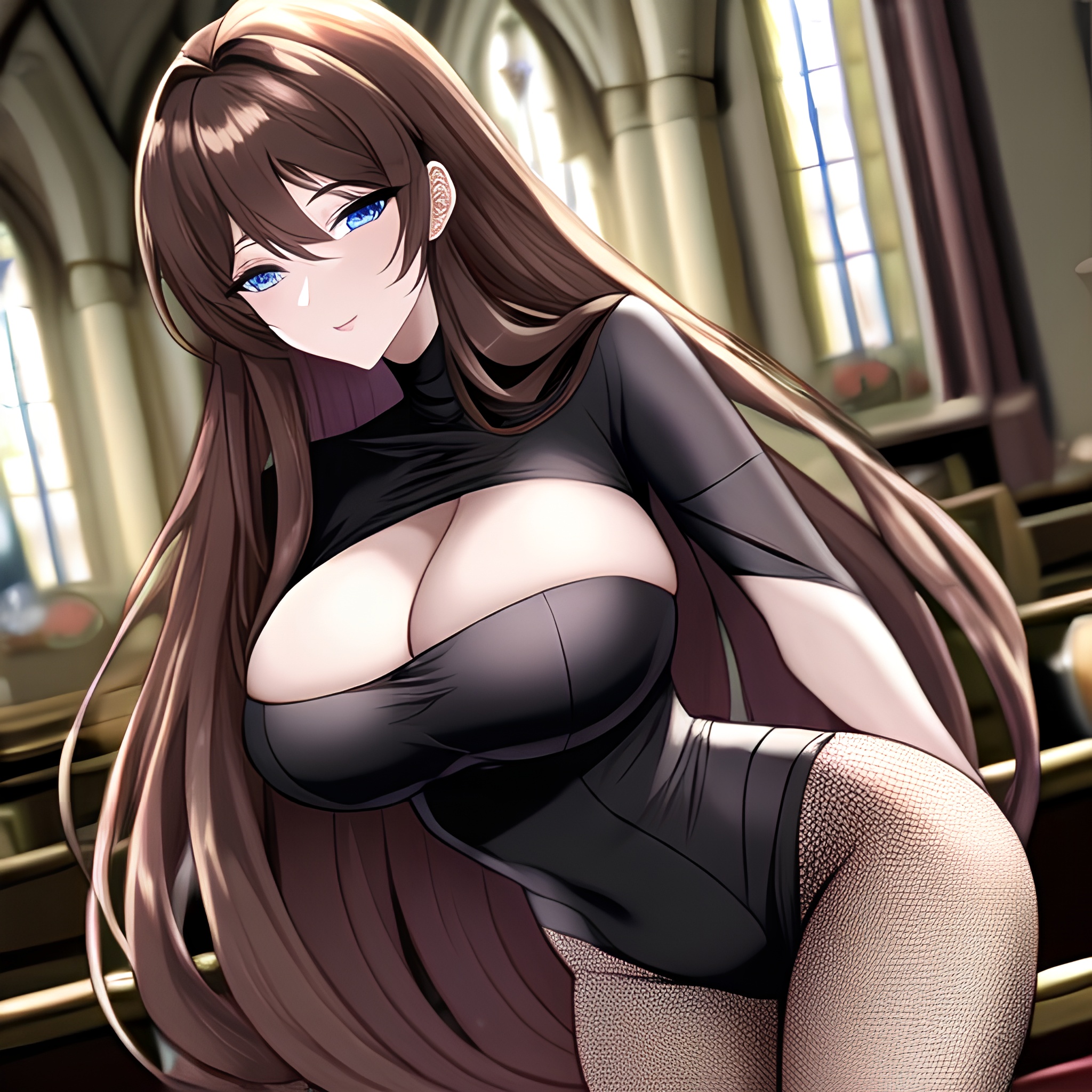 fishnet long hair brunette messy hair church woman 