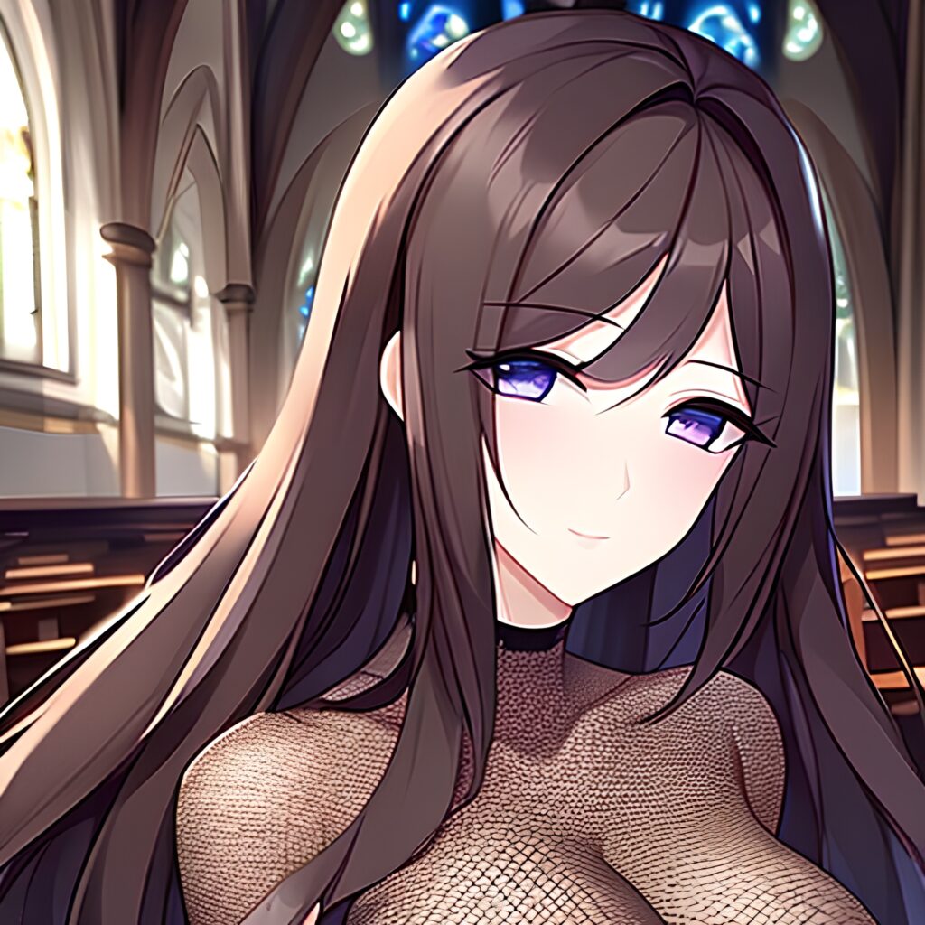 fishnet long hair brunette woman church messy hair
