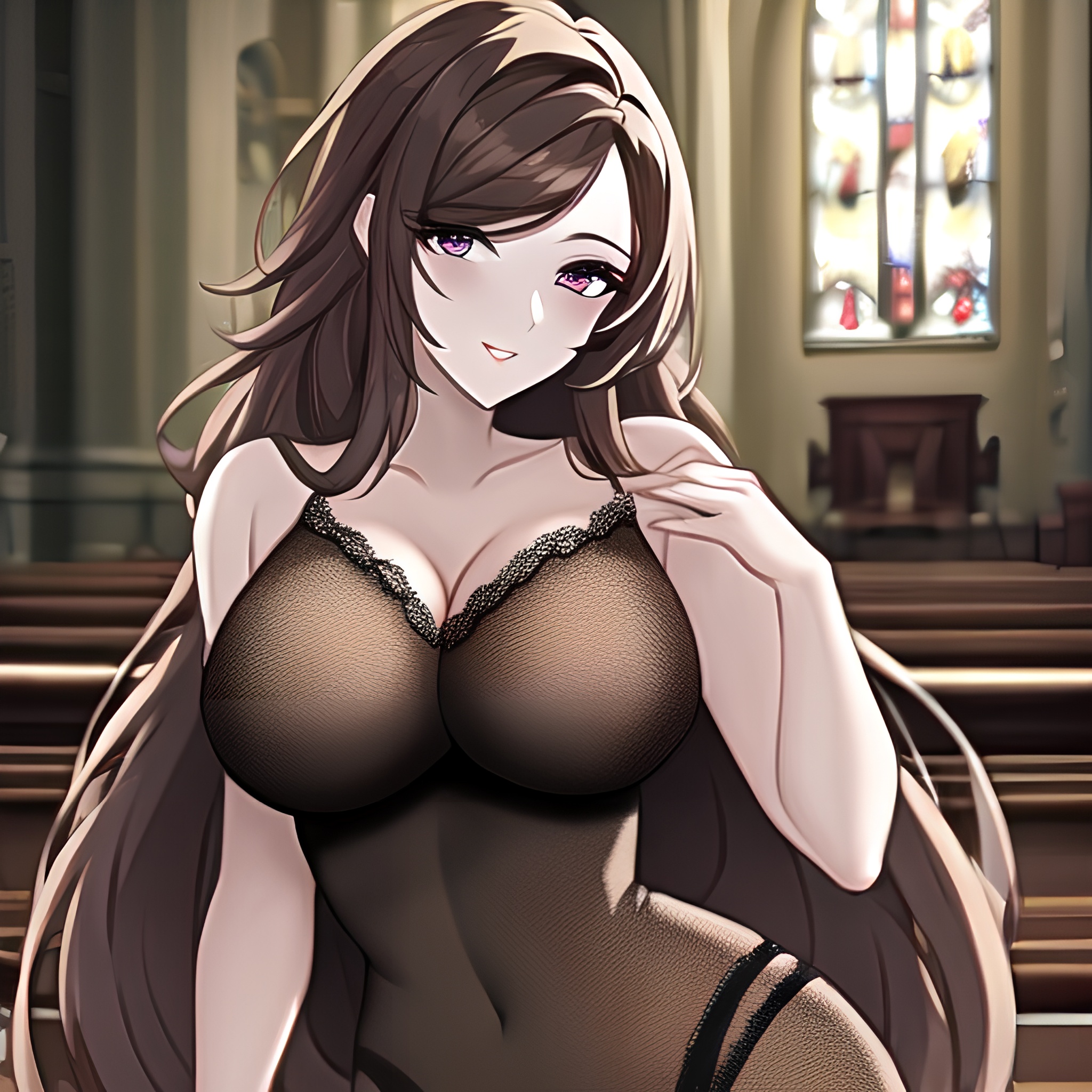 fishnet long hair brunette woman church messy hair 