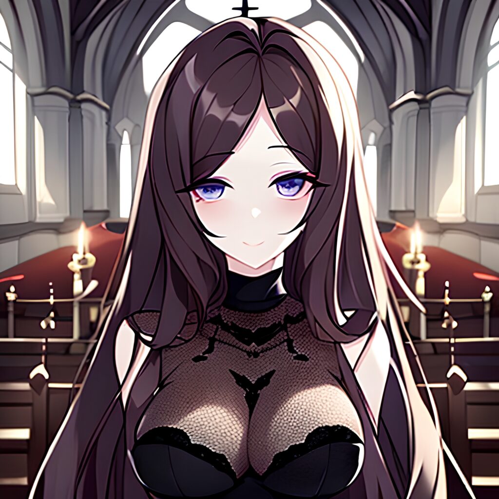 fishnet long hair brunette woman messy hair church
