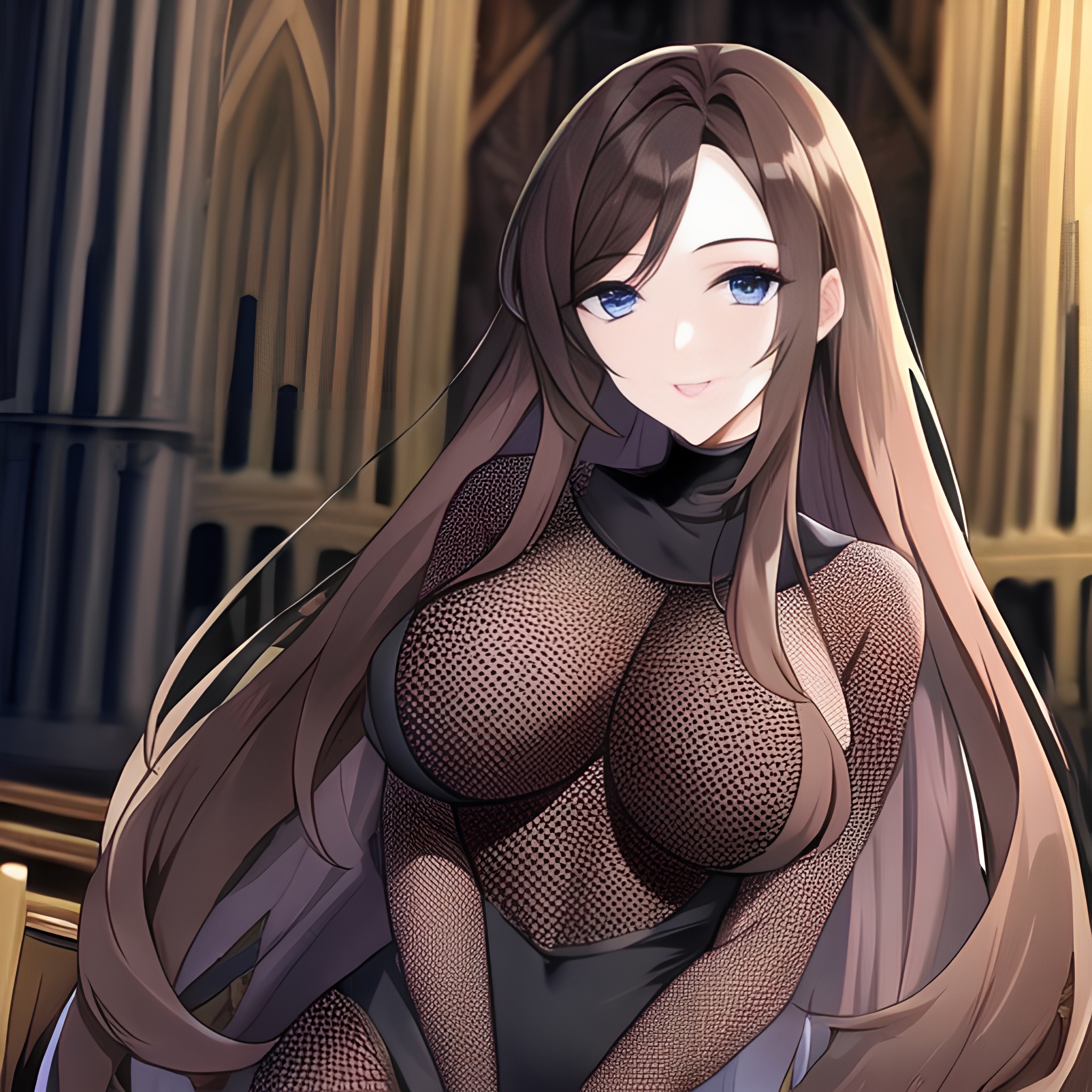 fishnet long hair church brunette messy hair woman