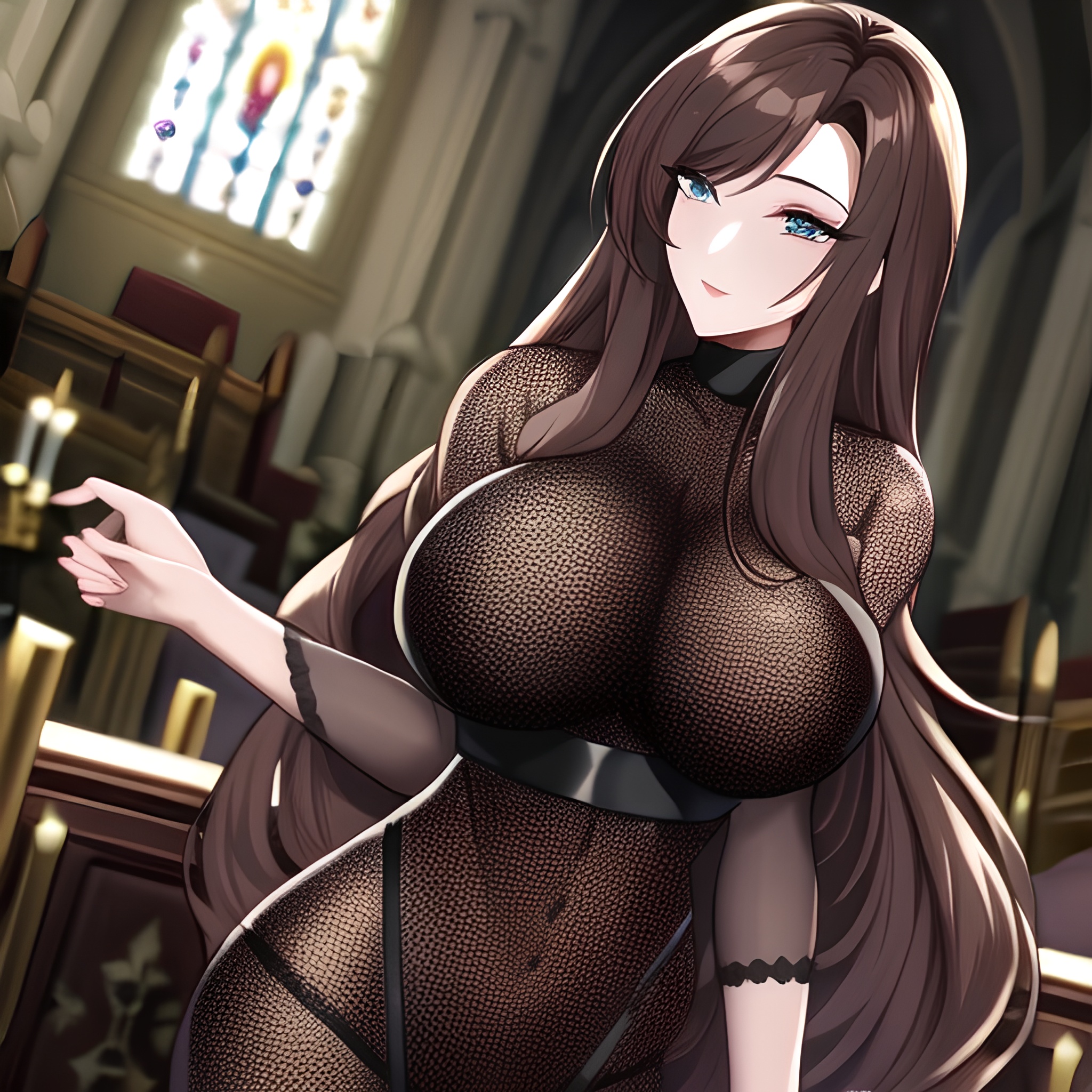 fishnet long hair church brunette woman messy hair 