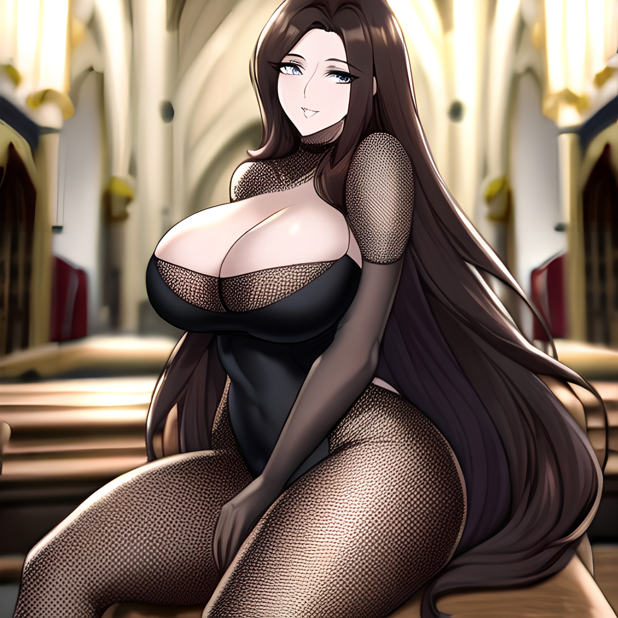 fishnet long hair church messy hair brunette woman