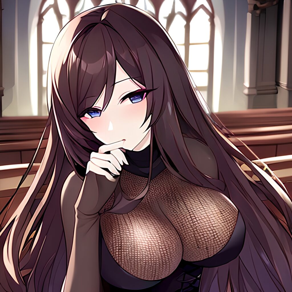 fishnet long hair church messy hair brunette woman 