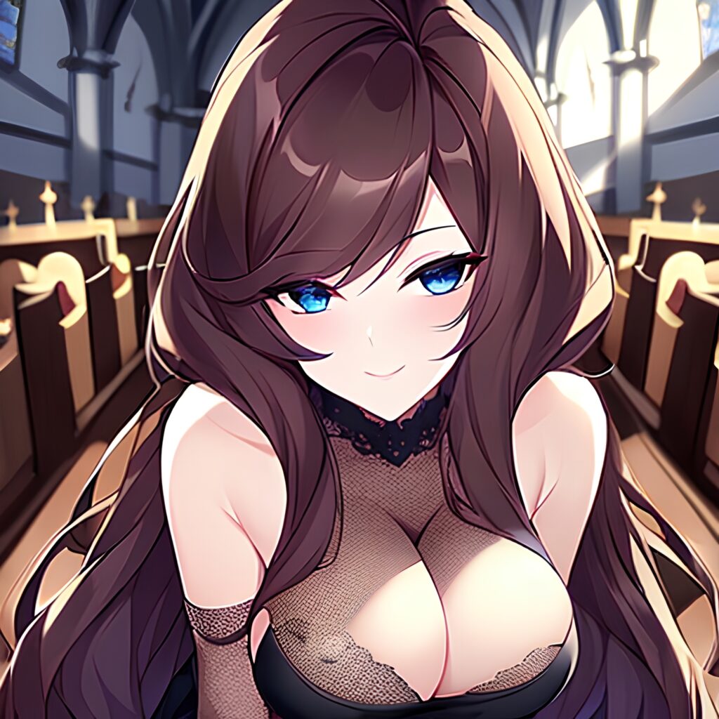 fishnet long hair church woman brunette messy hair 
