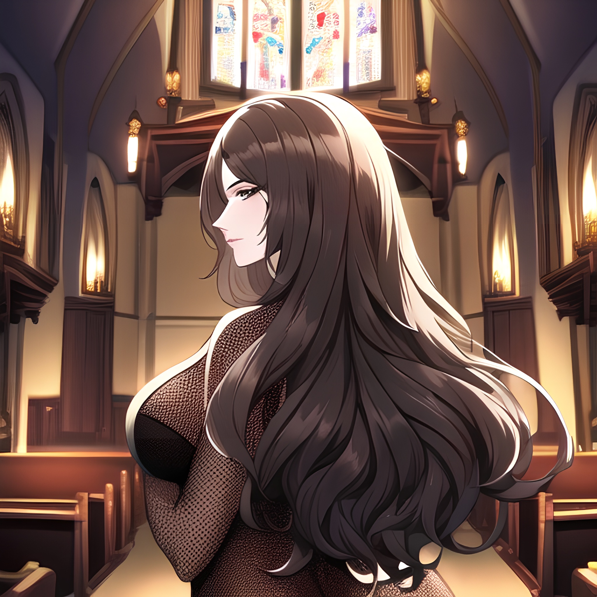 fishnet long hair church woman messy hair brunette 