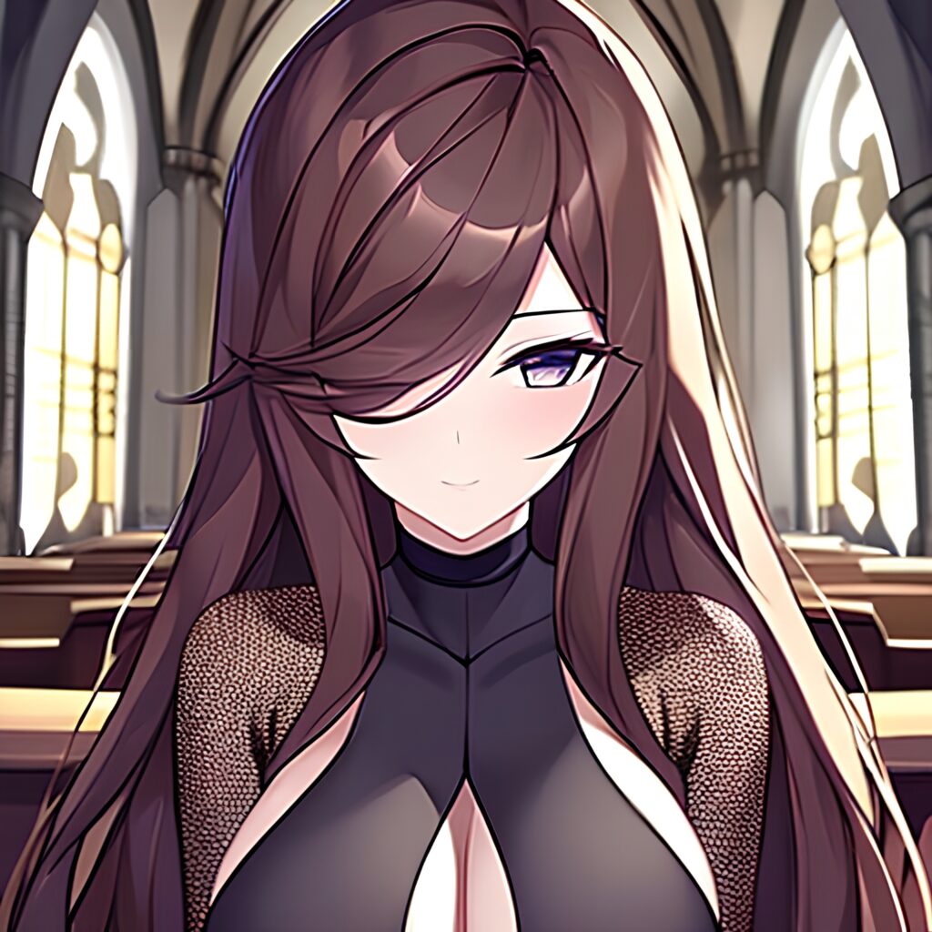 fishnet long hair messy hair brunette church woman