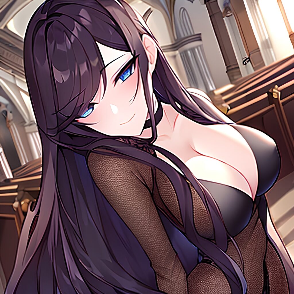 fishnet long hair messy hair brunette church woman 