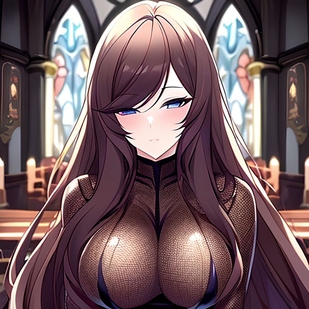 fishnet long hair messy hair brunette church woman