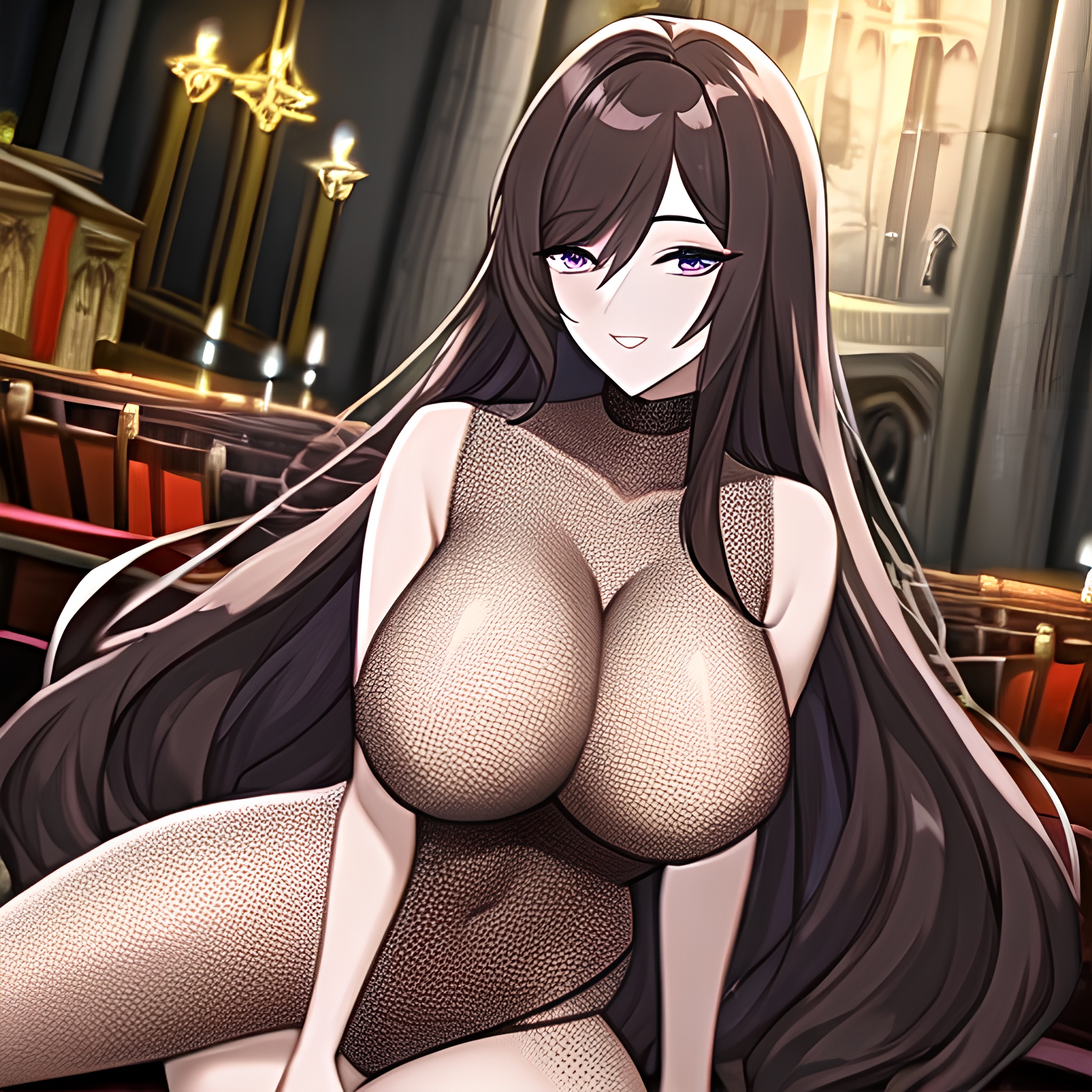 fishnet long hair messy hair brunette woman church