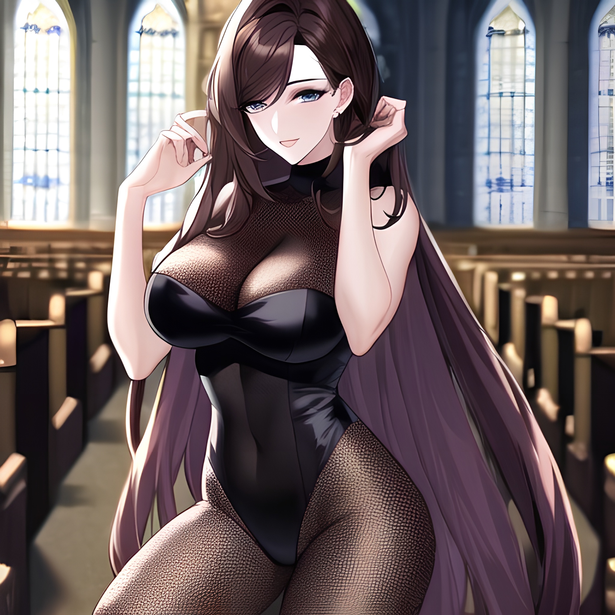 fishnet long hair messy hair church woman brunette