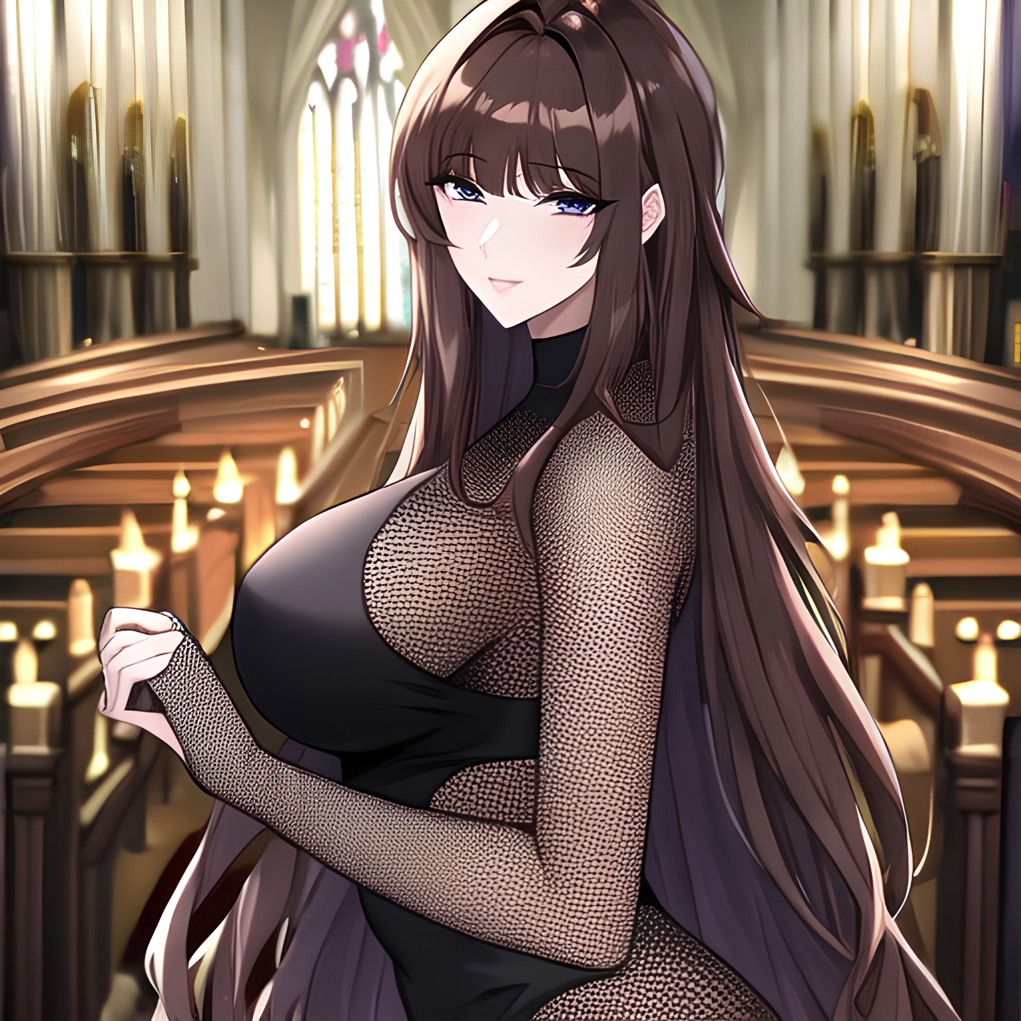 fishnet long hair messy hair church woman brunette