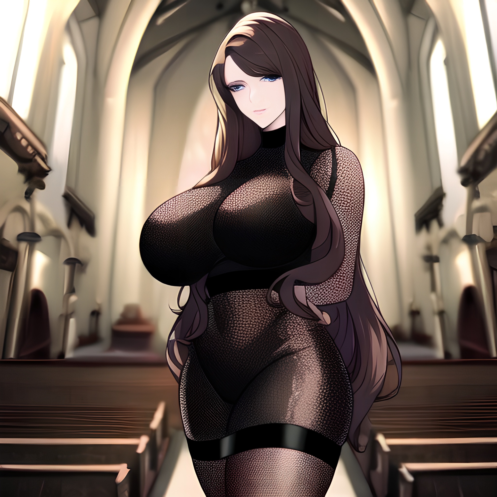 fishnet long hair messy hair woman brunette church 