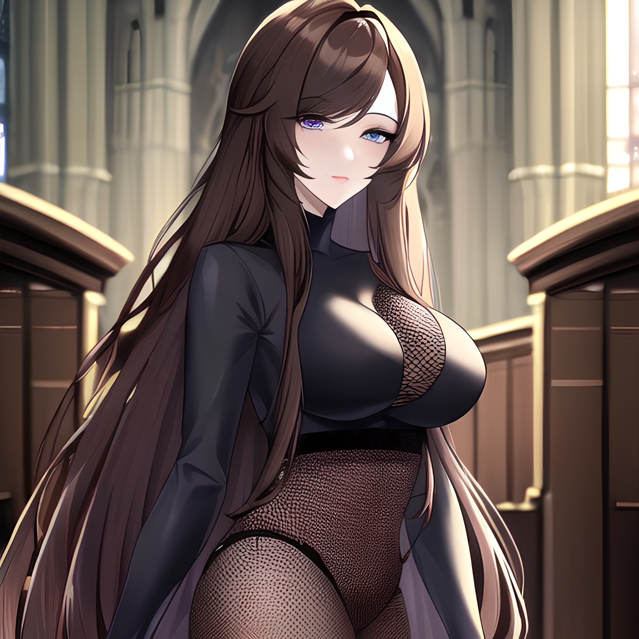 fishnet long hair messy hair woman church brunette