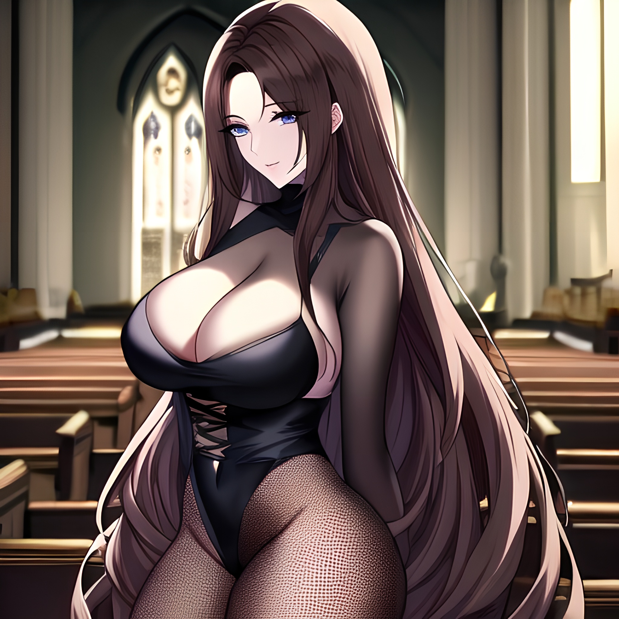 fishnet long hair messy hair woman church brunette 