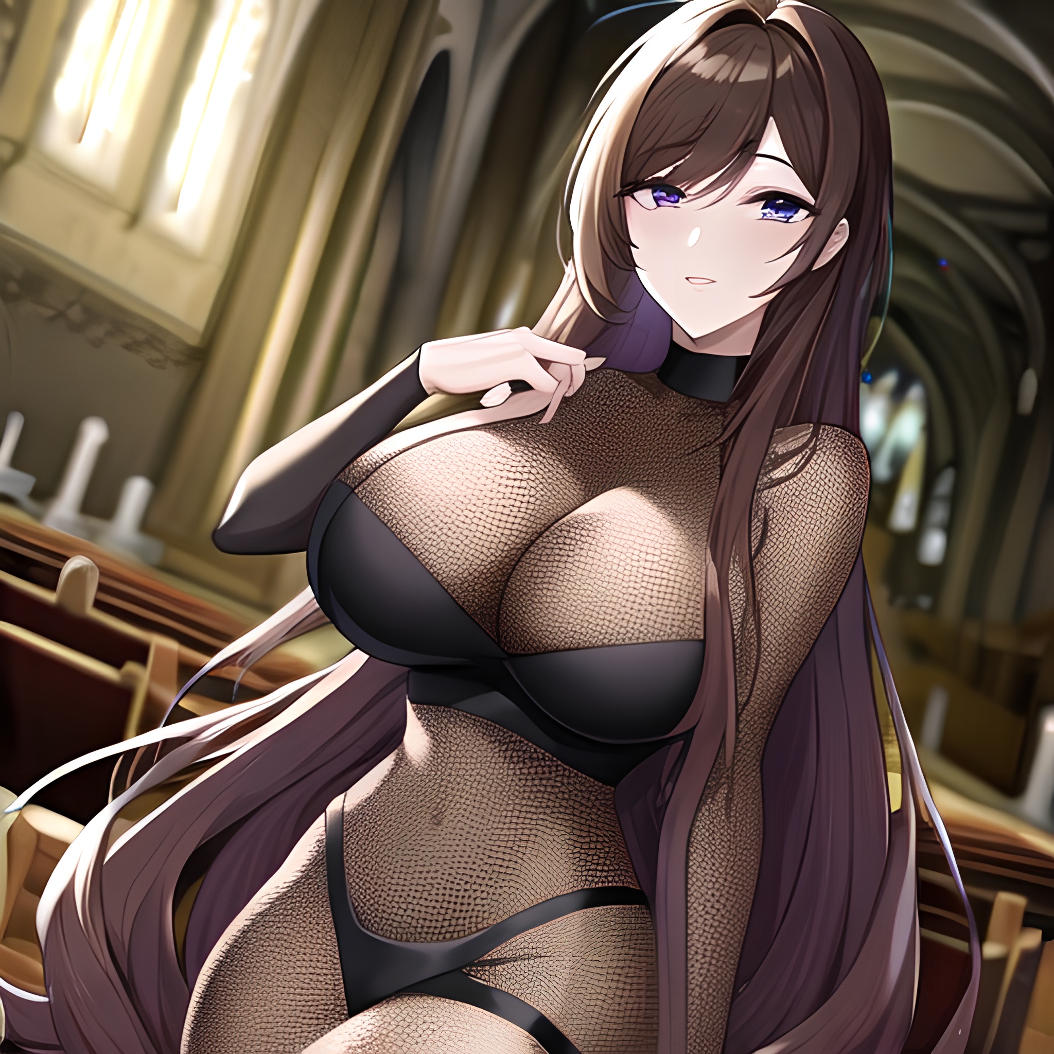 fishnet long hair woman brunette church messy hair 