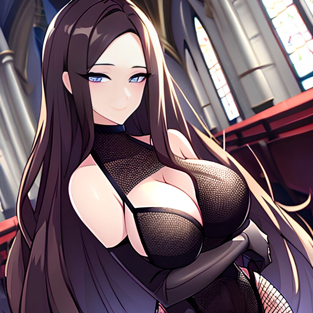 fishnet long hair woman brunette messy hair church 