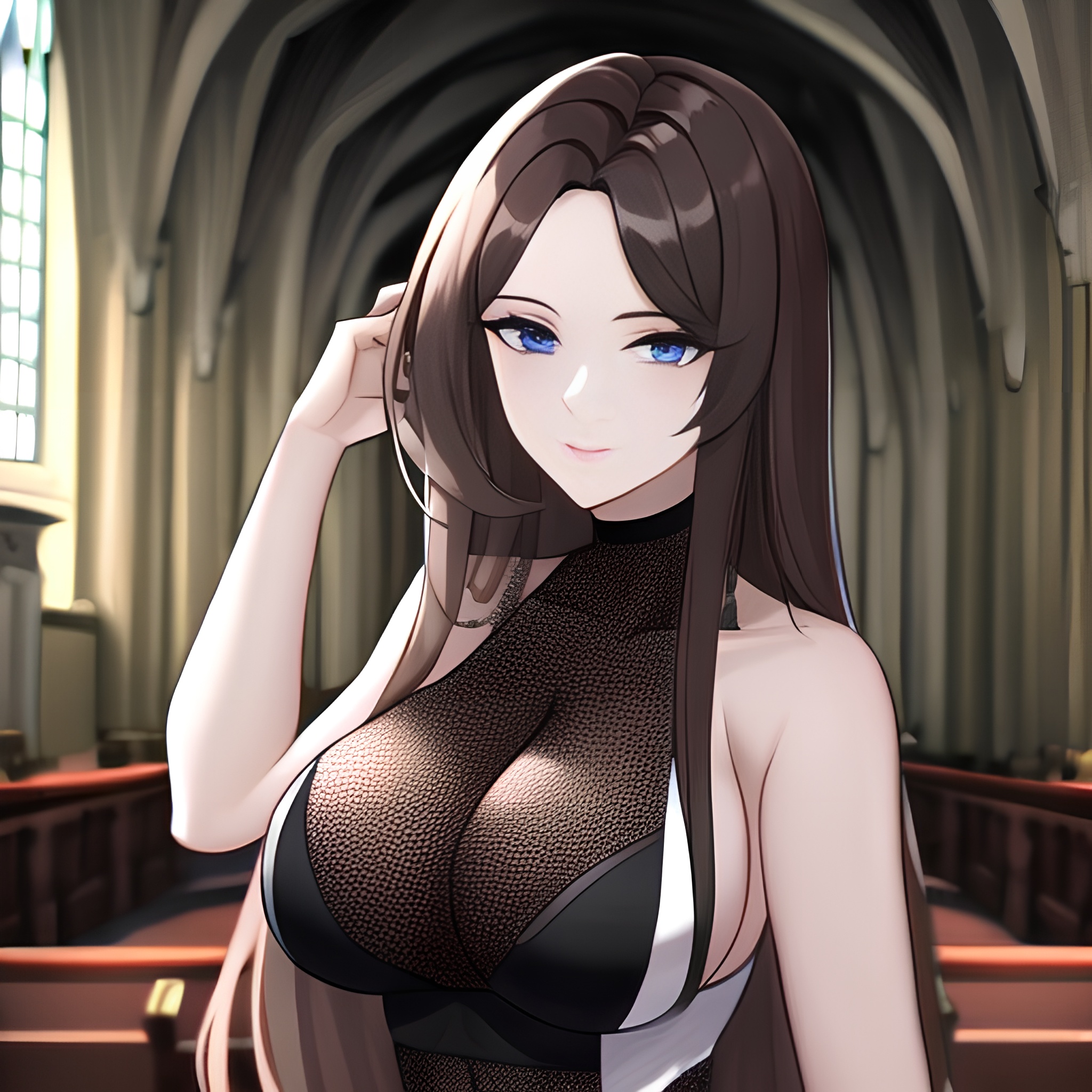 fishnet long hair woman church messy hair brunette