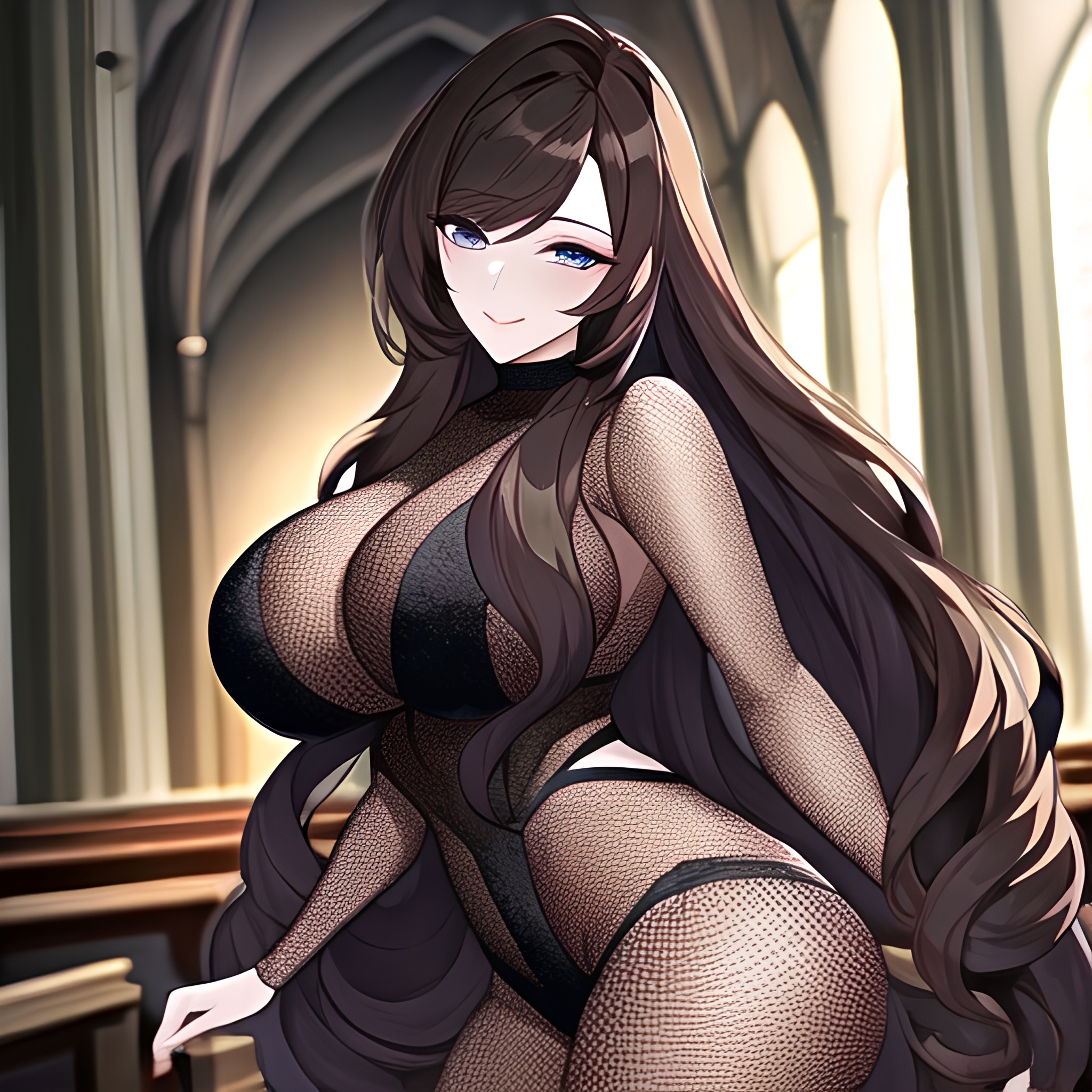 fishnet long hair woman messy hair brunette church 