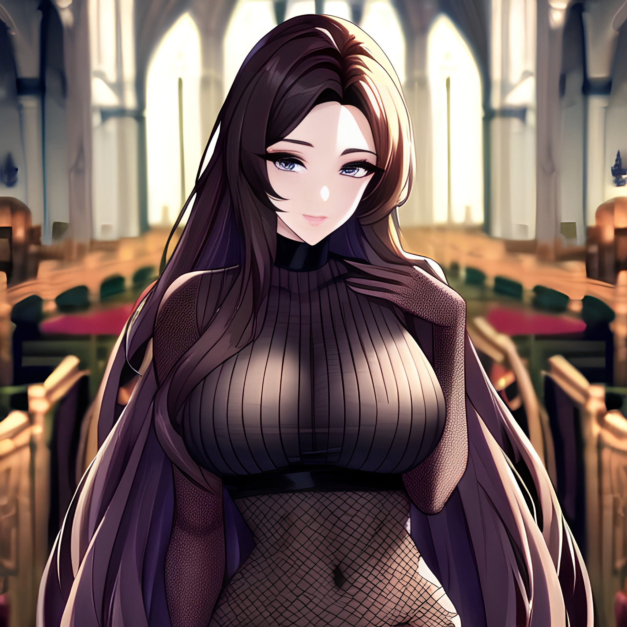 fishnet long hair woman messy hair brunette church