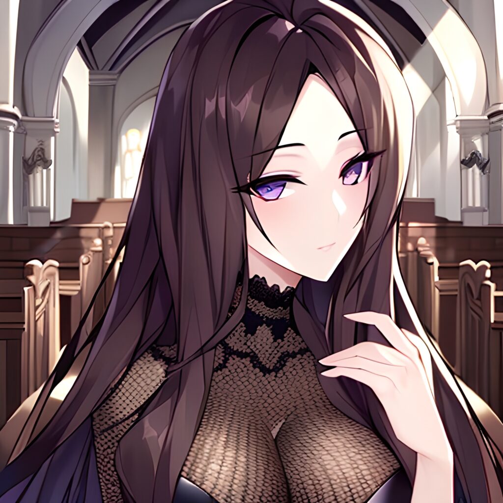 fishnet messy hair brunette church long hair woman