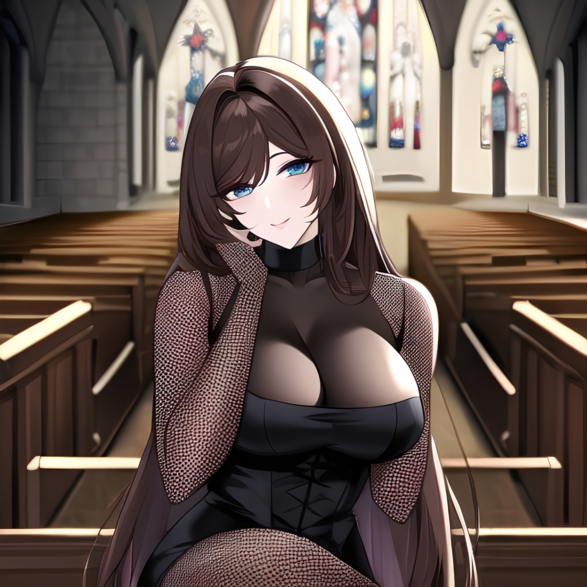 fishnet messy hair brunette church long hair woman 