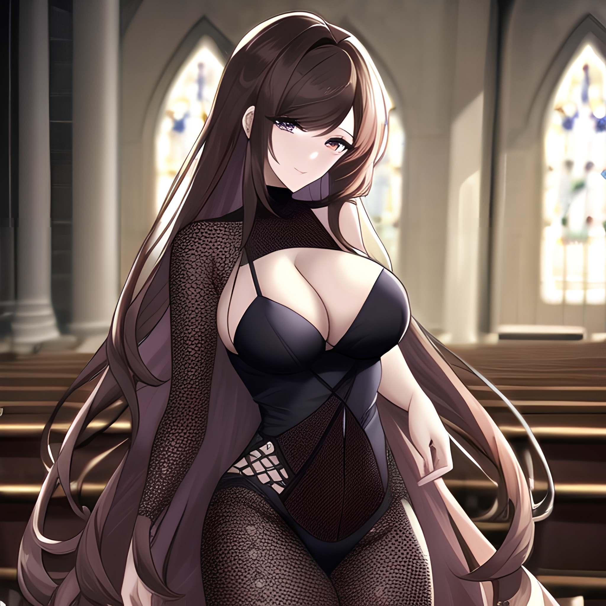 fishnet messy hair brunette church woman long hair 