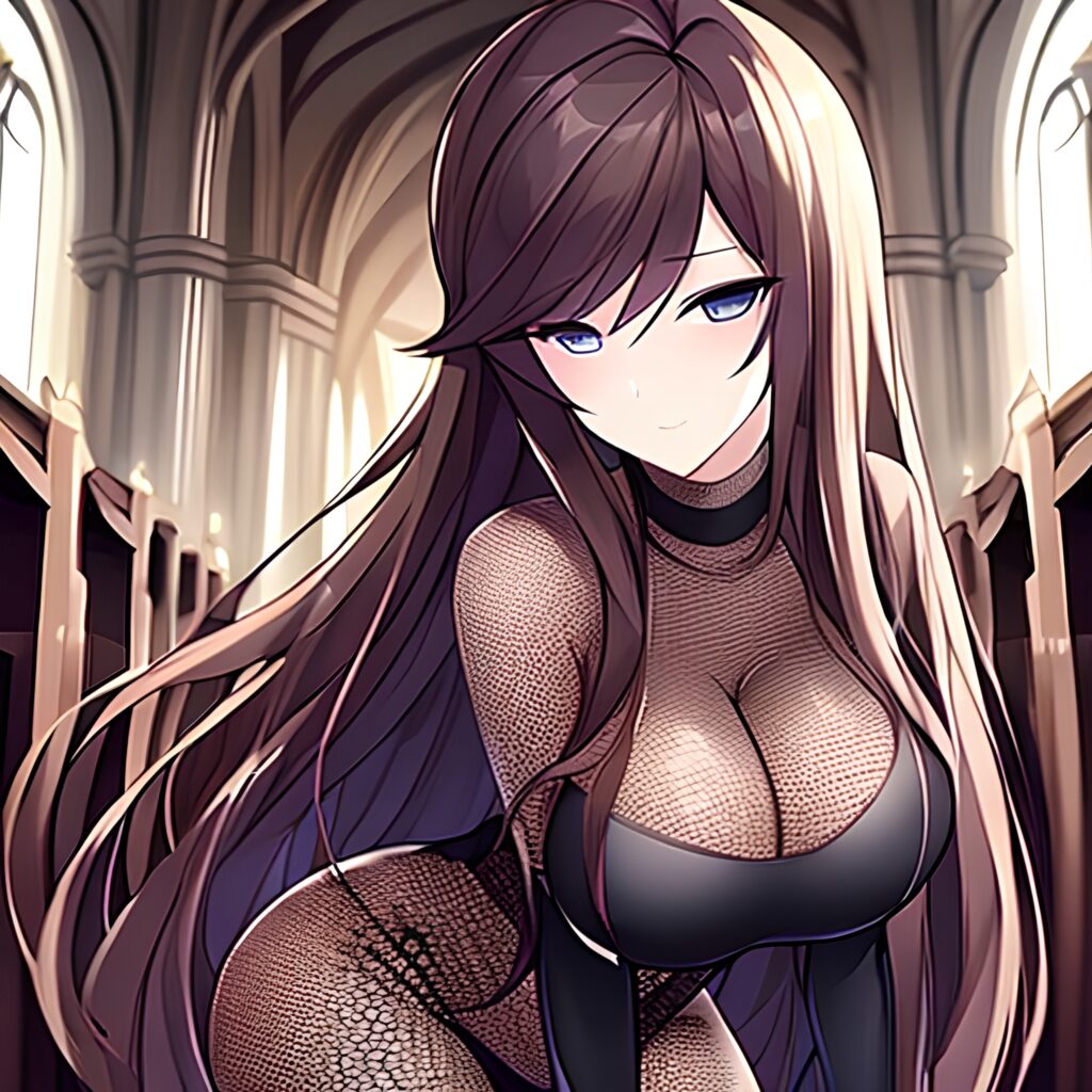 fishnet messy hair brunette church woman long hair 