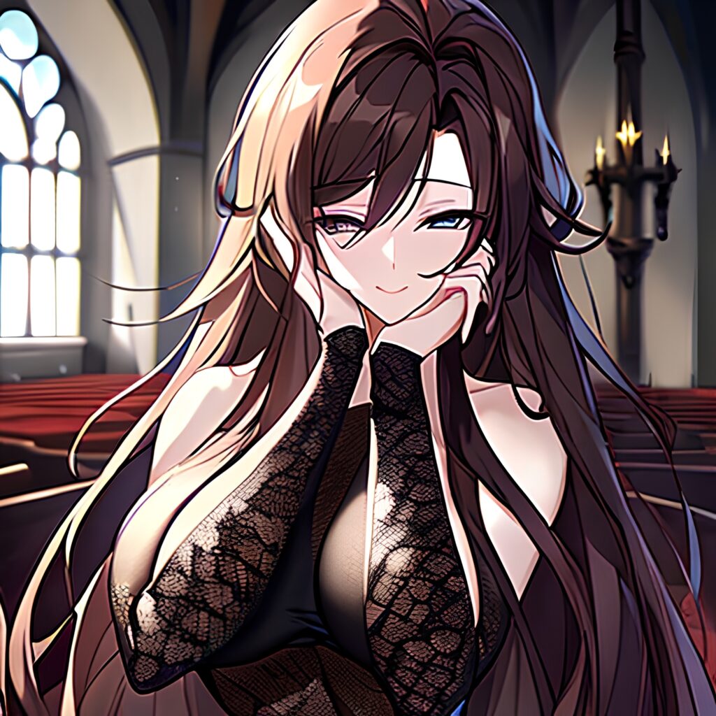 fishnet messy hair brunette long hair church woman 