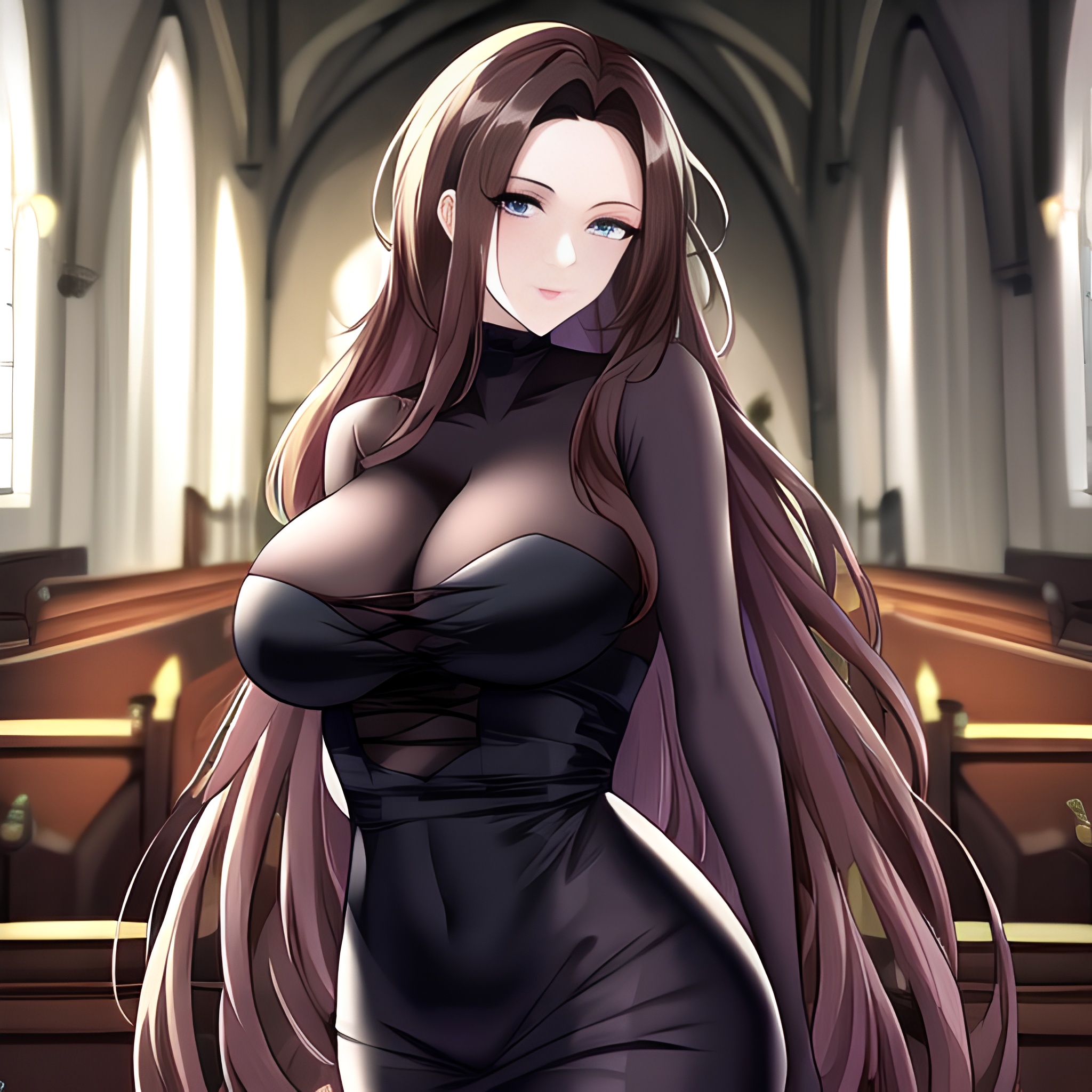 fishnet messy hair brunette long hair church woman 
