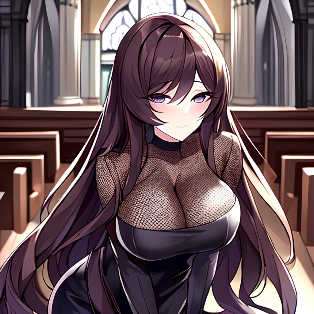 fishnet messy hair brunette woman church long hair 