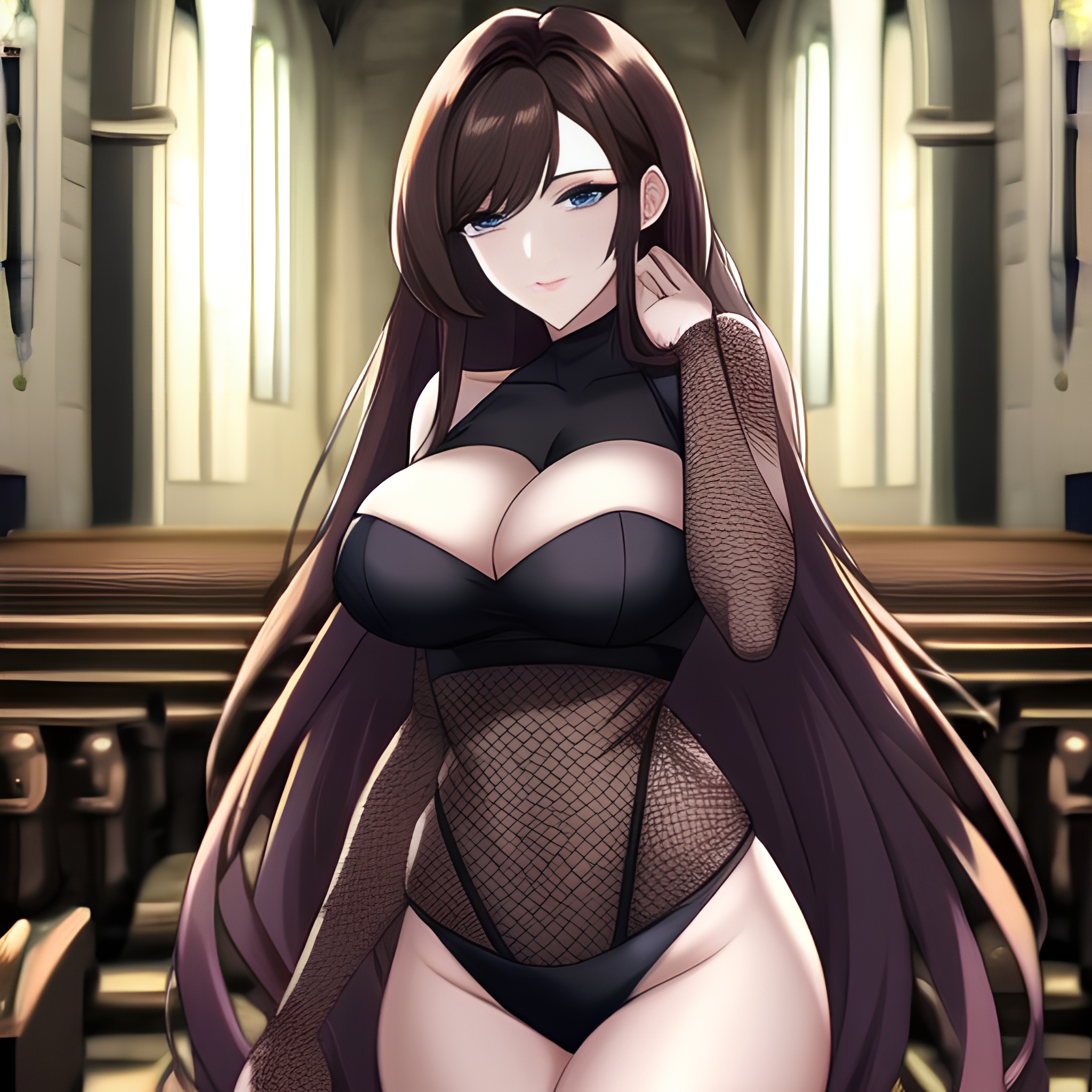 fishnet messy hair church brunette long hair woman 