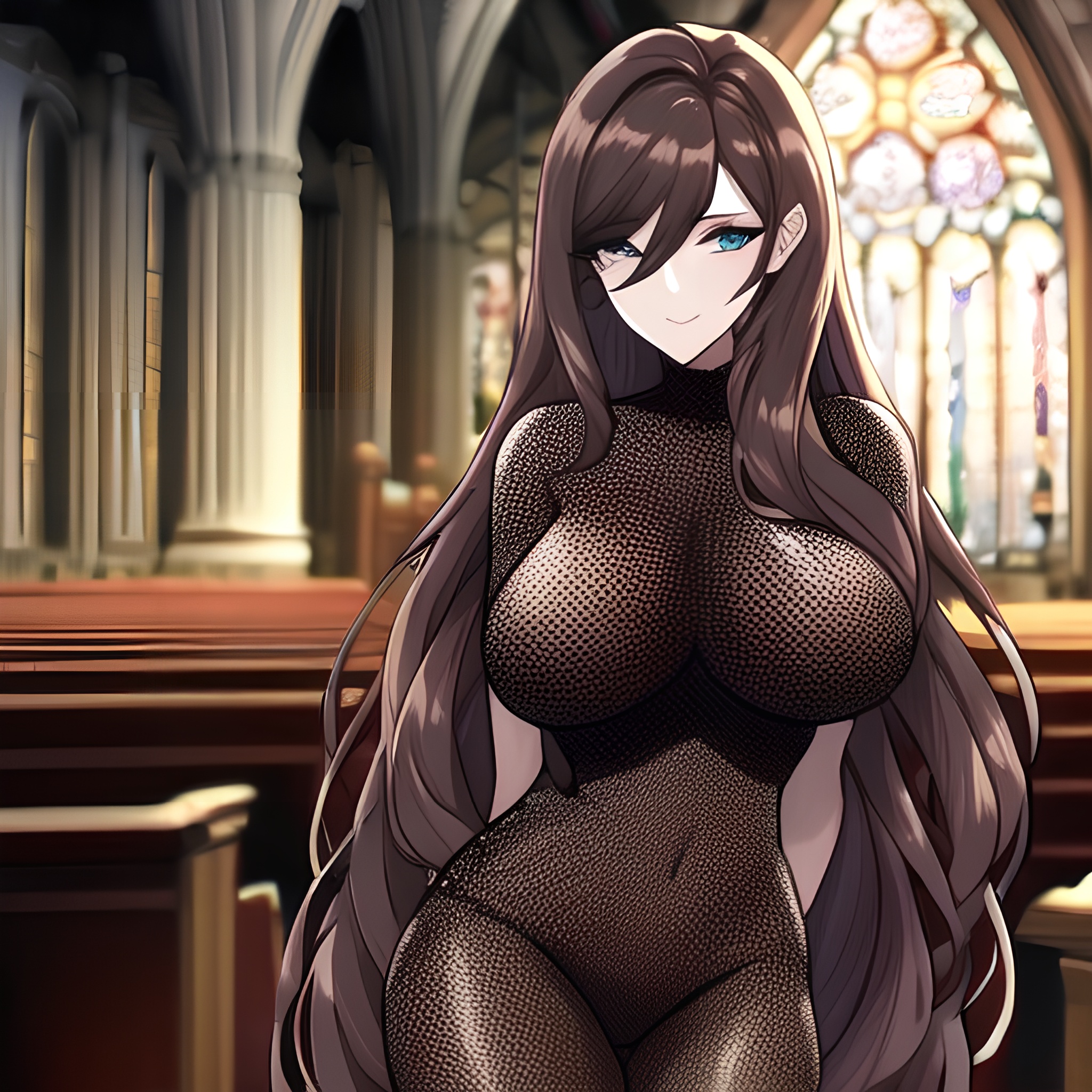 fishnet messy hair church brunette long hair woman