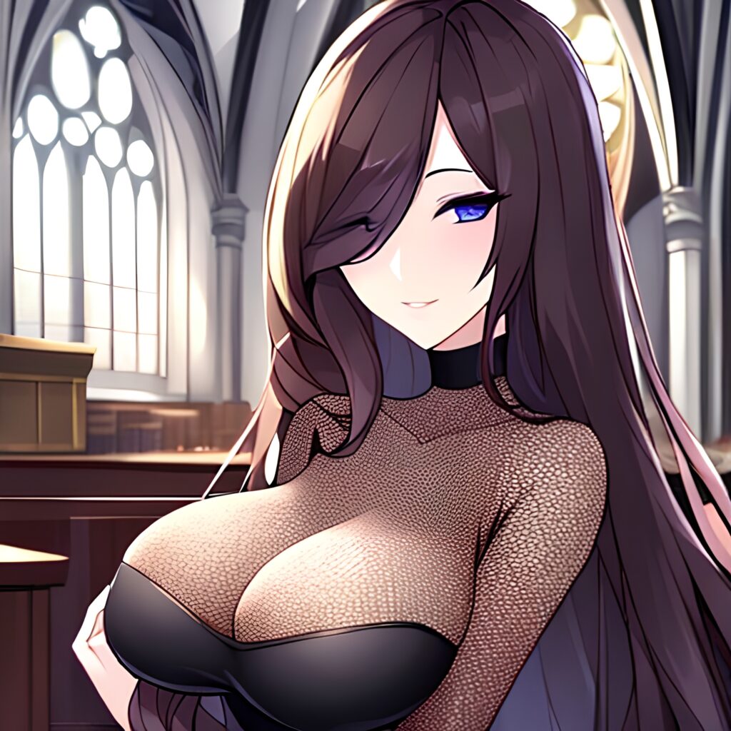 fishnet messy hair church long hair brunette woman 