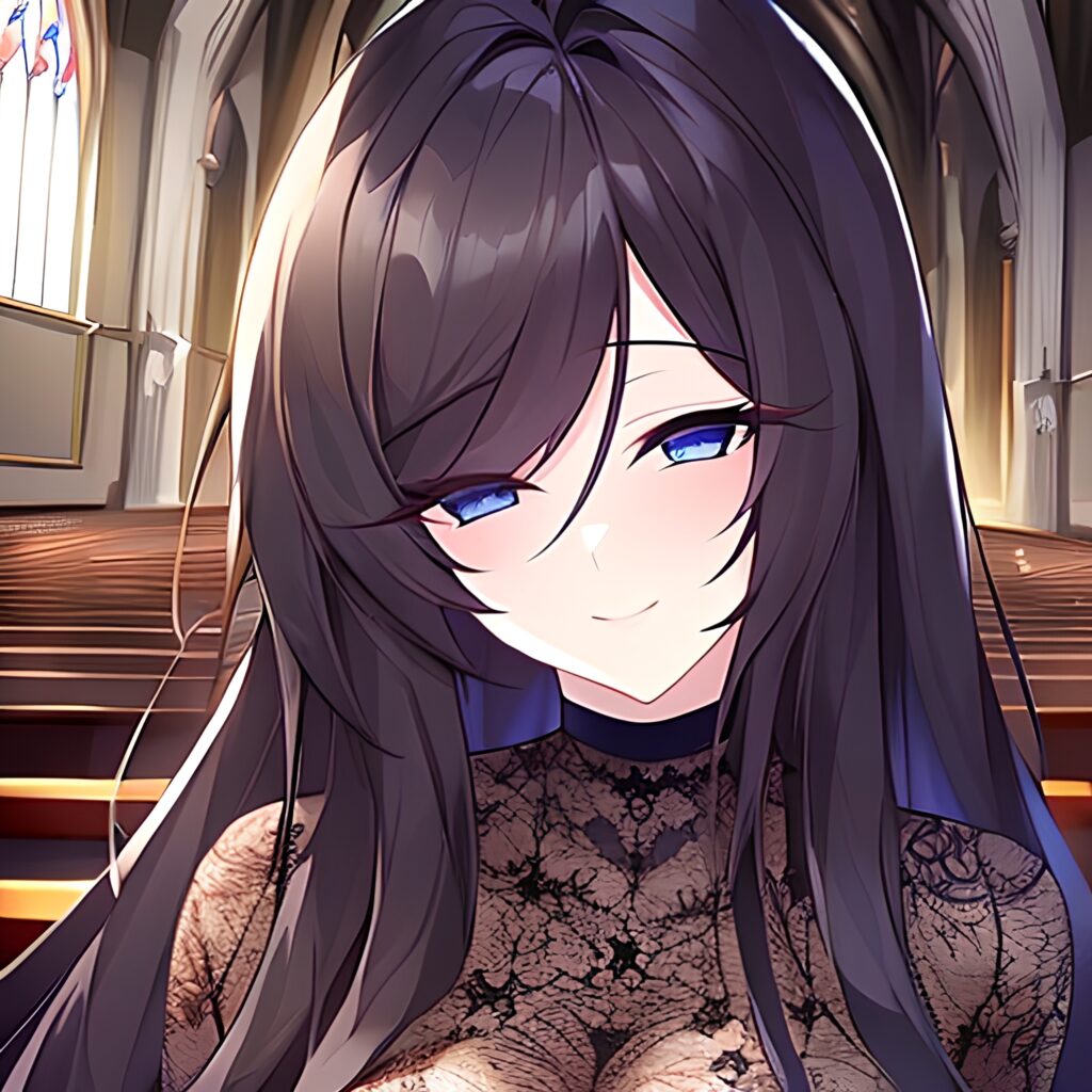 fishnet messy hair church long hair brunette woman