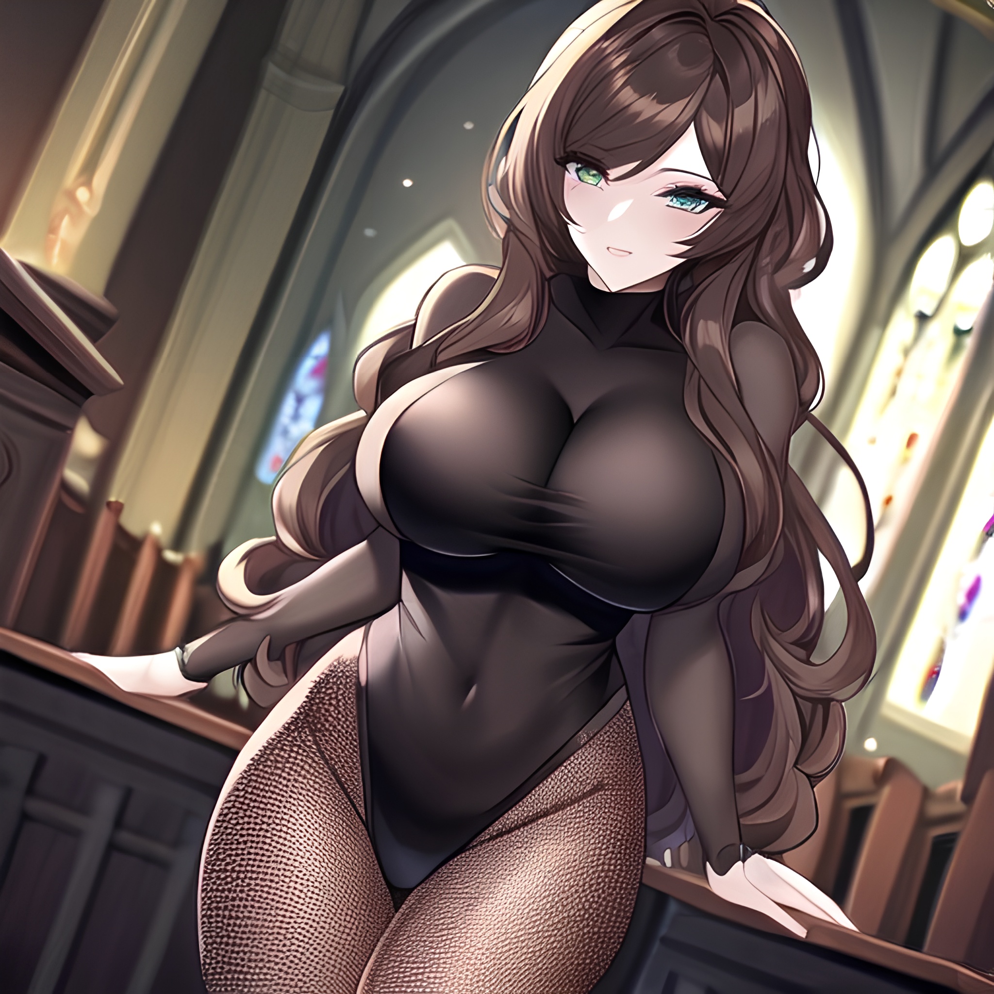 fishnet messy hair church long hair brunette woman 