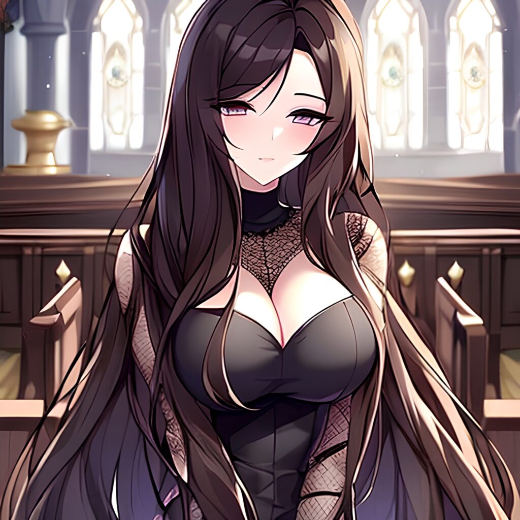 fishnet messy hair church long hair brunette woman