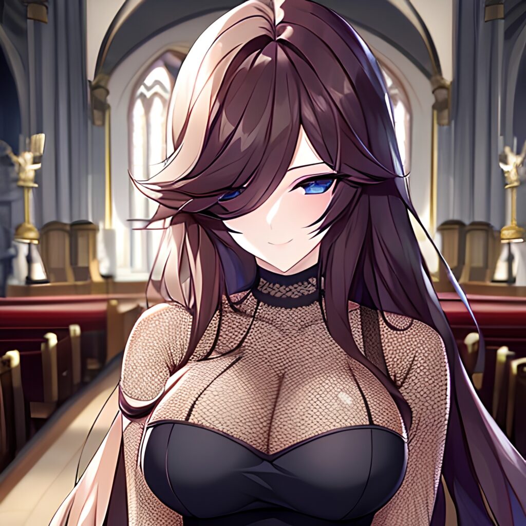 fishnet messy hair church woman brunette long hair