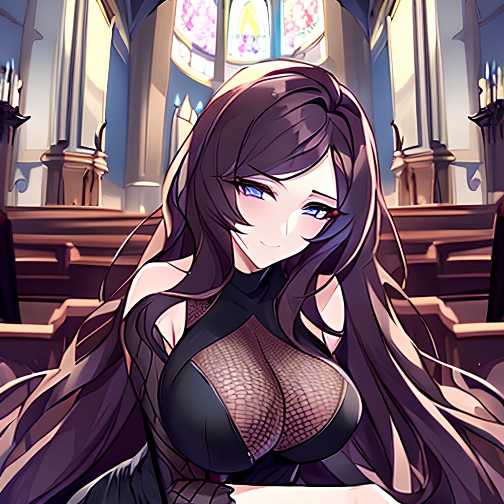 fishnet messy hair church woman brunette long hair