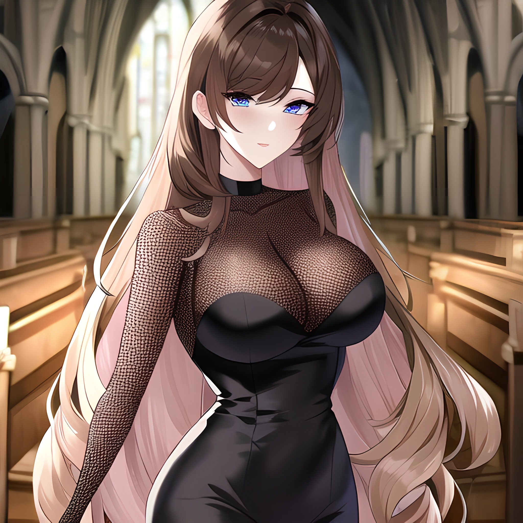 fishnet messy hair church woman brunette long hair