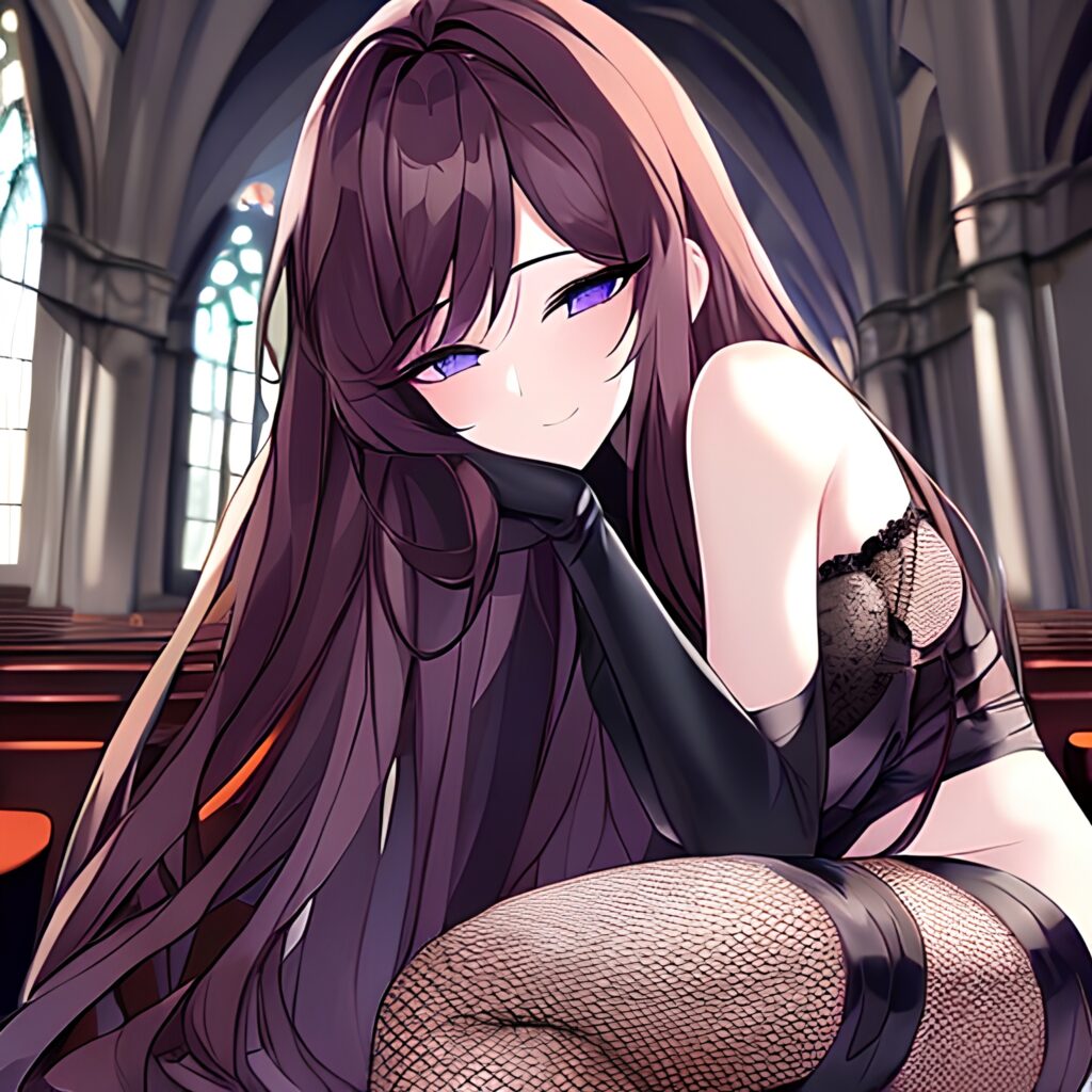 fishnet messy hair church woman brunette long hair 