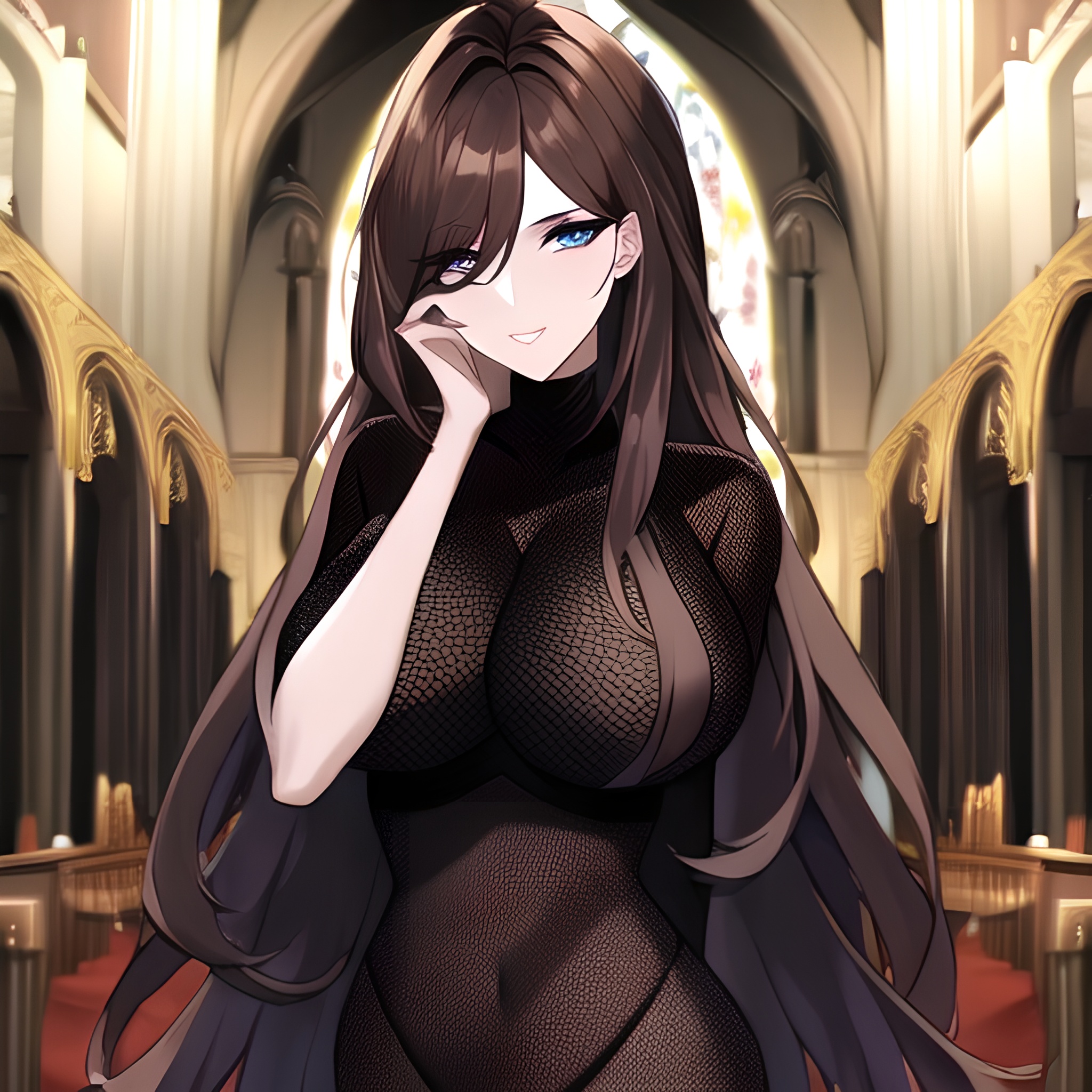 fishnet messy hair long hair brunette church woman 