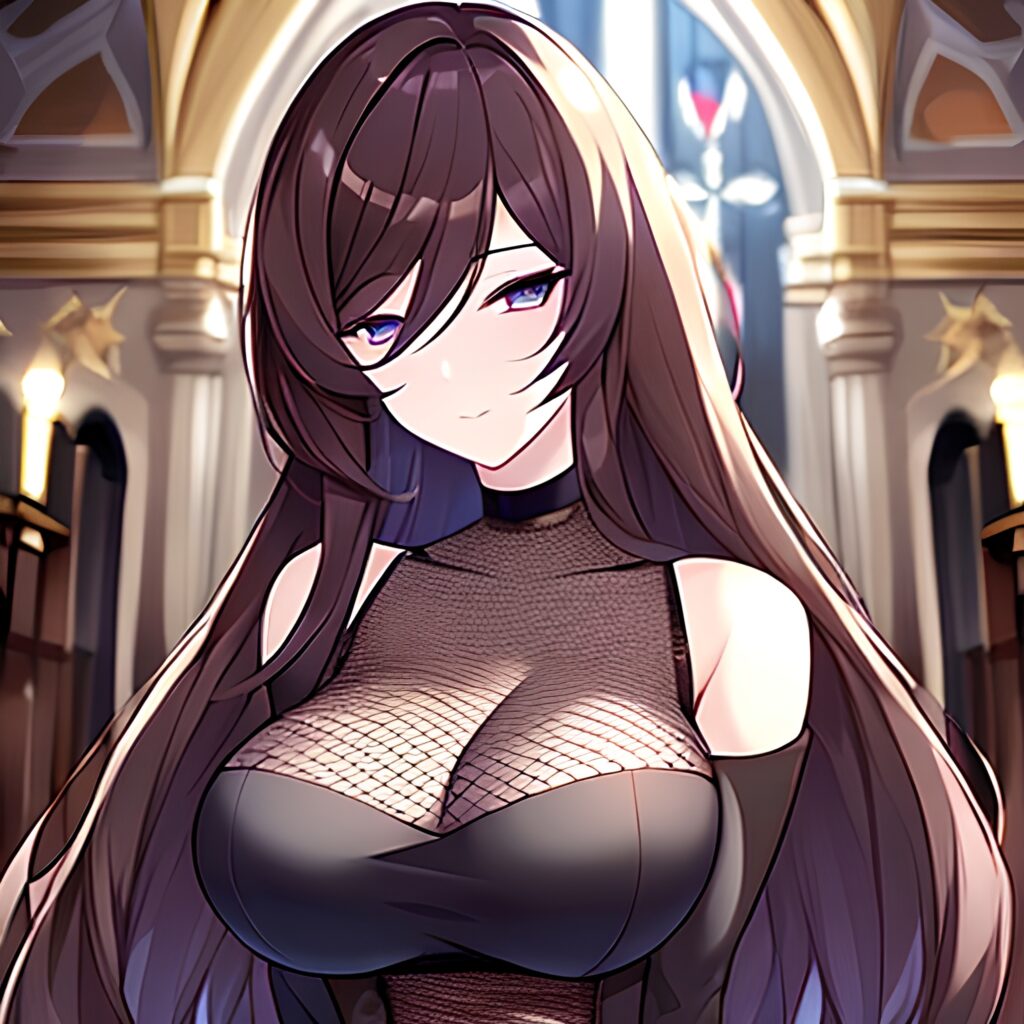 fishnet messy hair long hair brunette church woman 