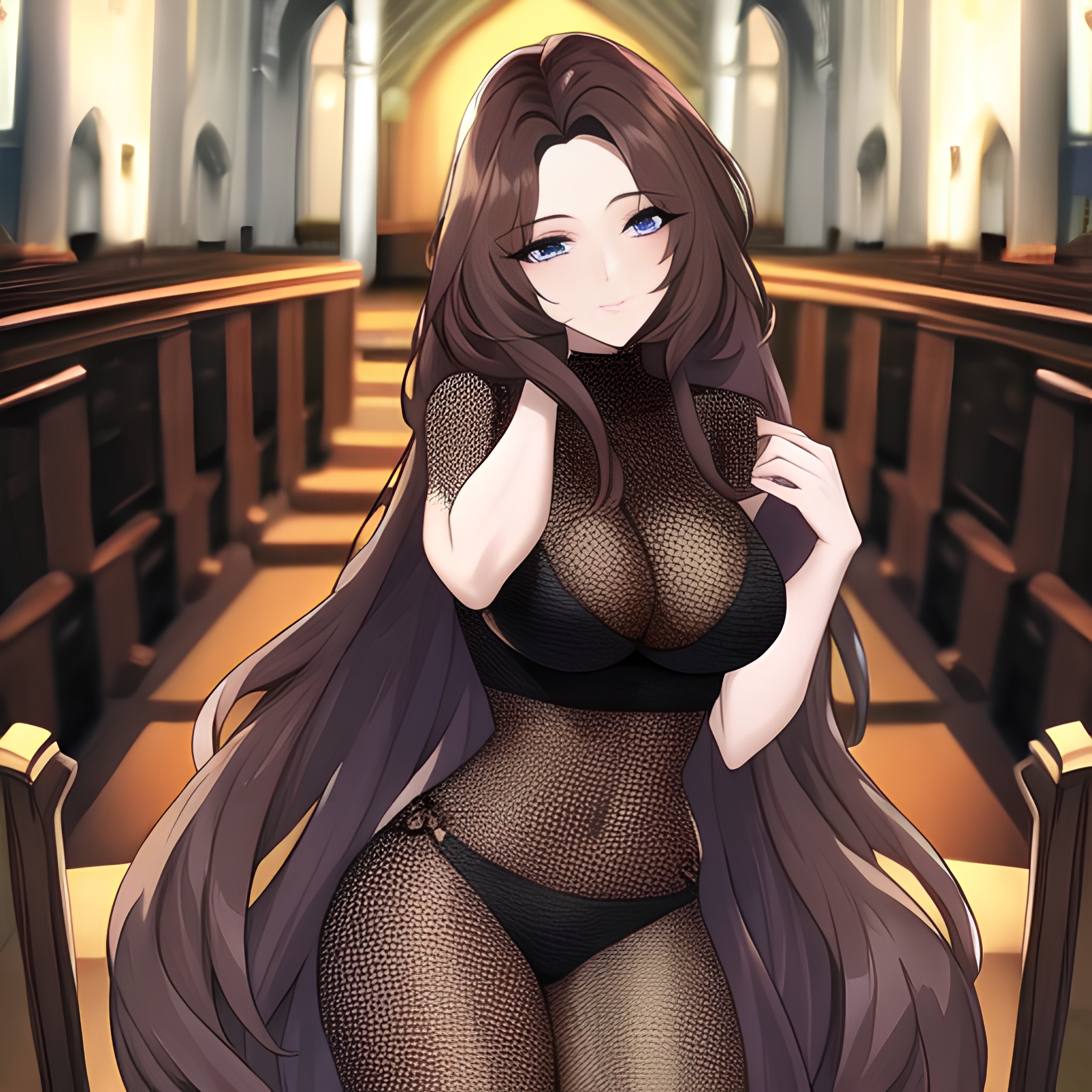 fishnet messy hair long hair brunette church woman 