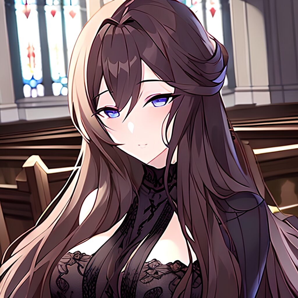 fishnet messy hair long hair brunette church woman 