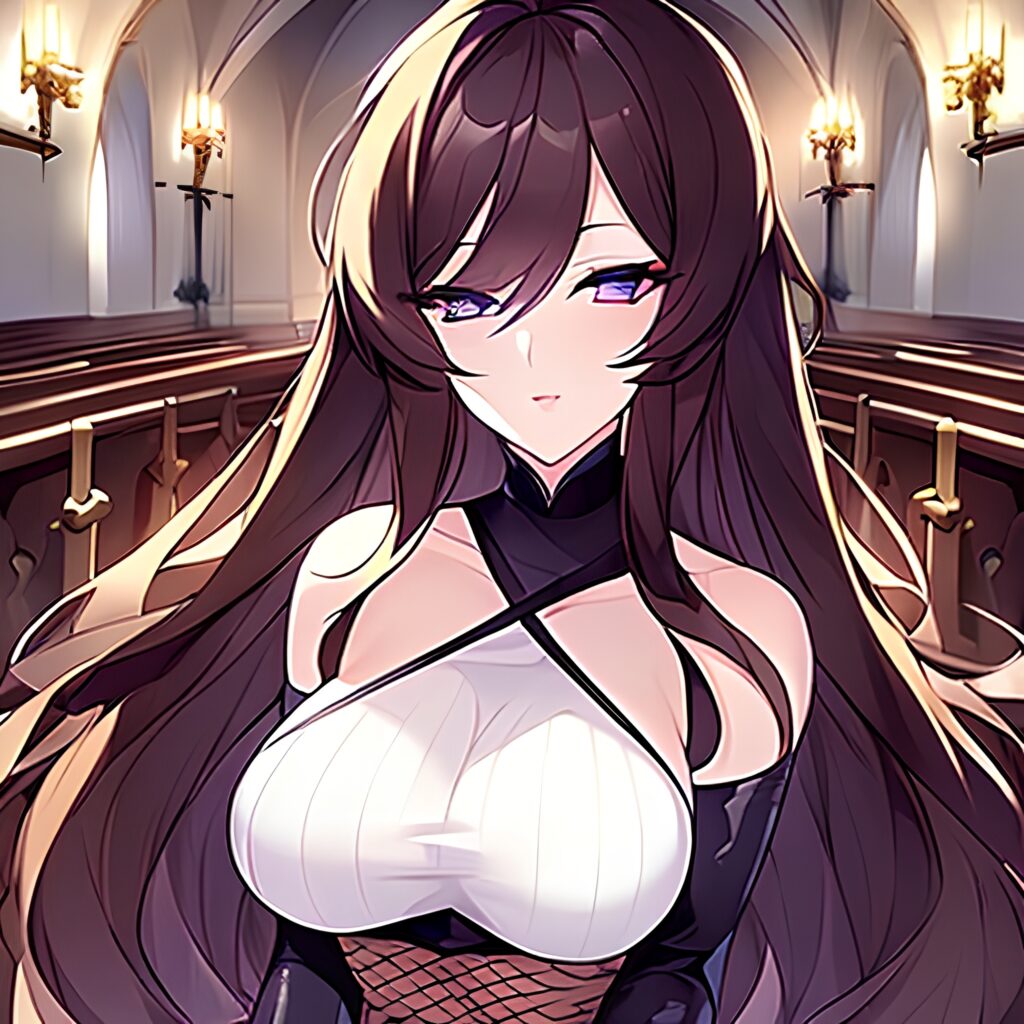 fishnet messy hair long hair brunette church woman 